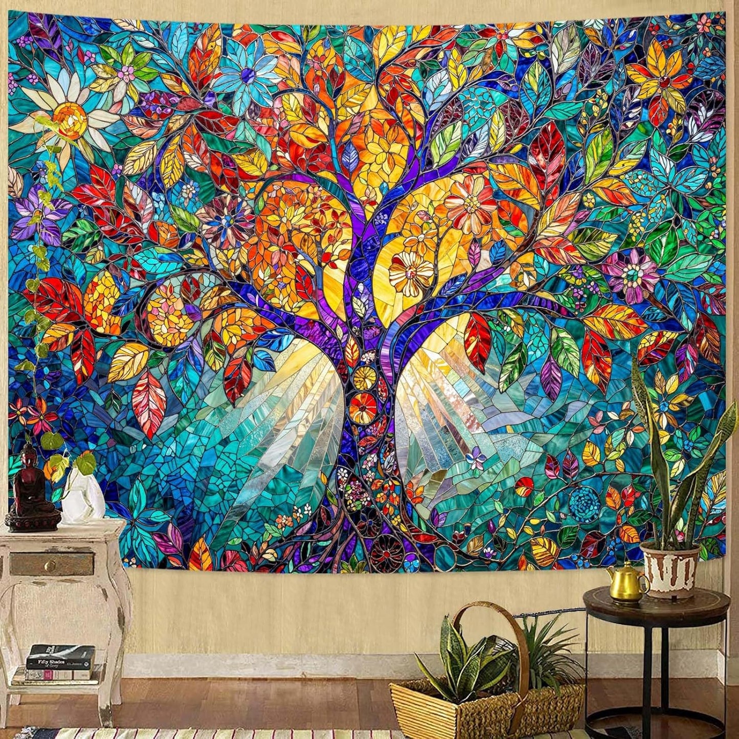 Lunerfex Tree of Life Tapestry Stained Glass Tapestry Wall Decor Tapestries for Bedroom Art Tapestries Wall Hanging for Bedroom Living Room Glass-Tree-02 60"x80"