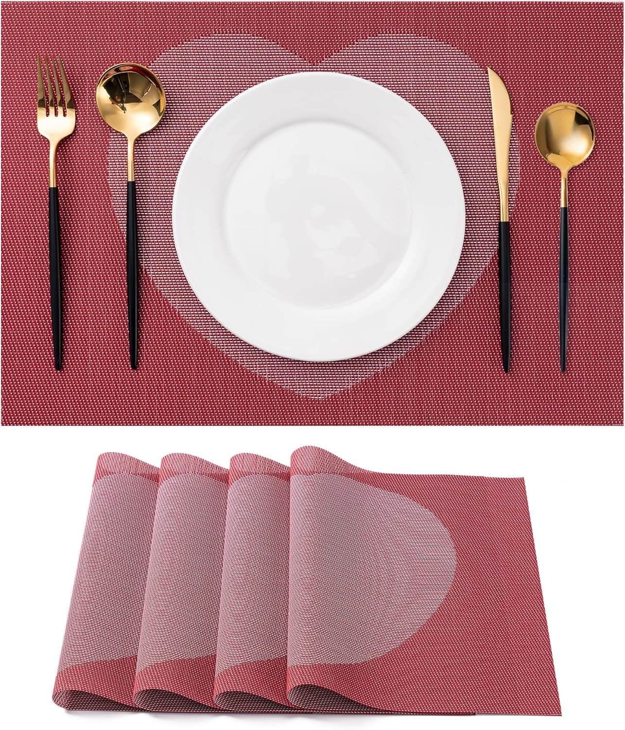 CADONO Placemats Set of 4 Washable Indoor/Outdoor Vinyl Place Mats for Dining Table Durable Non-Slip Heat Resistant PVC Weave Table Mats(Red Pink Heart)