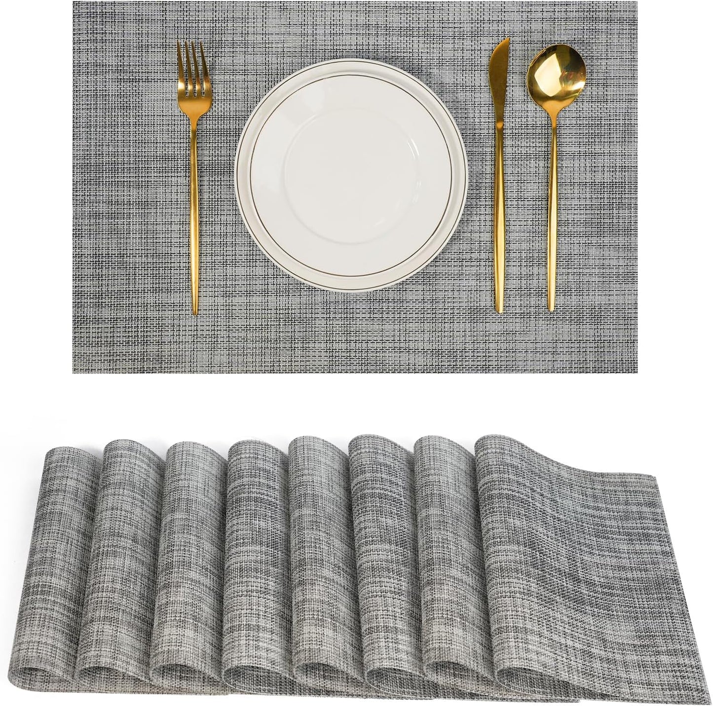 Placemats Set of 8,Non-Slip PVC Weave Table Mats Easy to Clean,Heat Resistant Place Mats for Kitchen Dining Table Decoration Indoor Outdoor,Gray