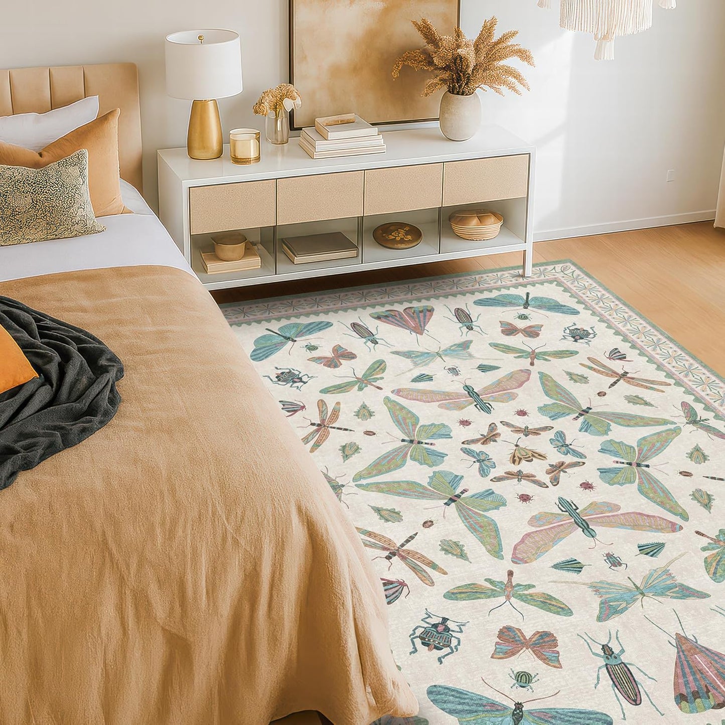 Light Blue and Pink Rug 4x6 Rugs for Bedroom Under Bed - Insect Print Multi Color Decor, Low Pile Non Slip Stain Resistant Throw Rug for Nursery Room Boys, Kitchen, Floor Carpet Aesthetic