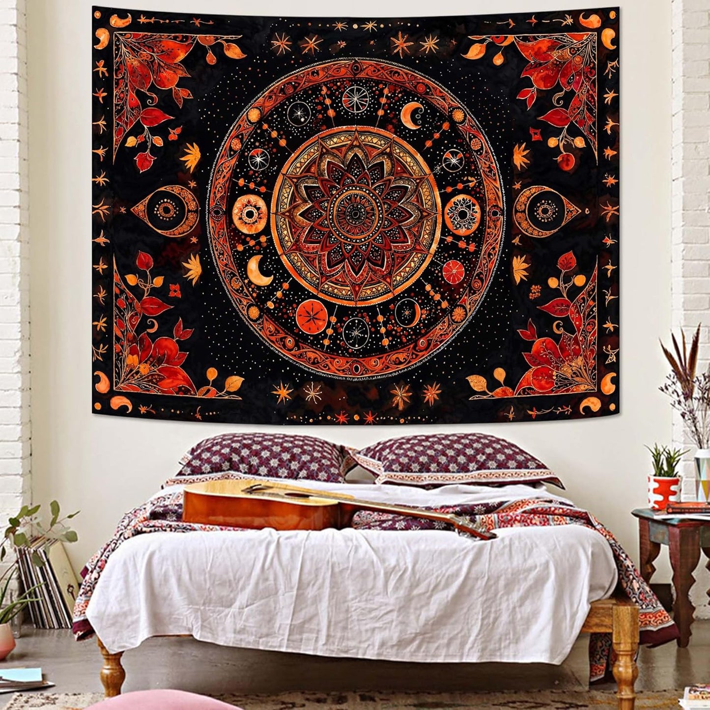 Lunerfex Mandala Moon and Stars Tapestry Boho Tapestry for Bedroom Black and Orange Tapestries Wall Hanging Living Room Wall Art and Home Decor 44x60