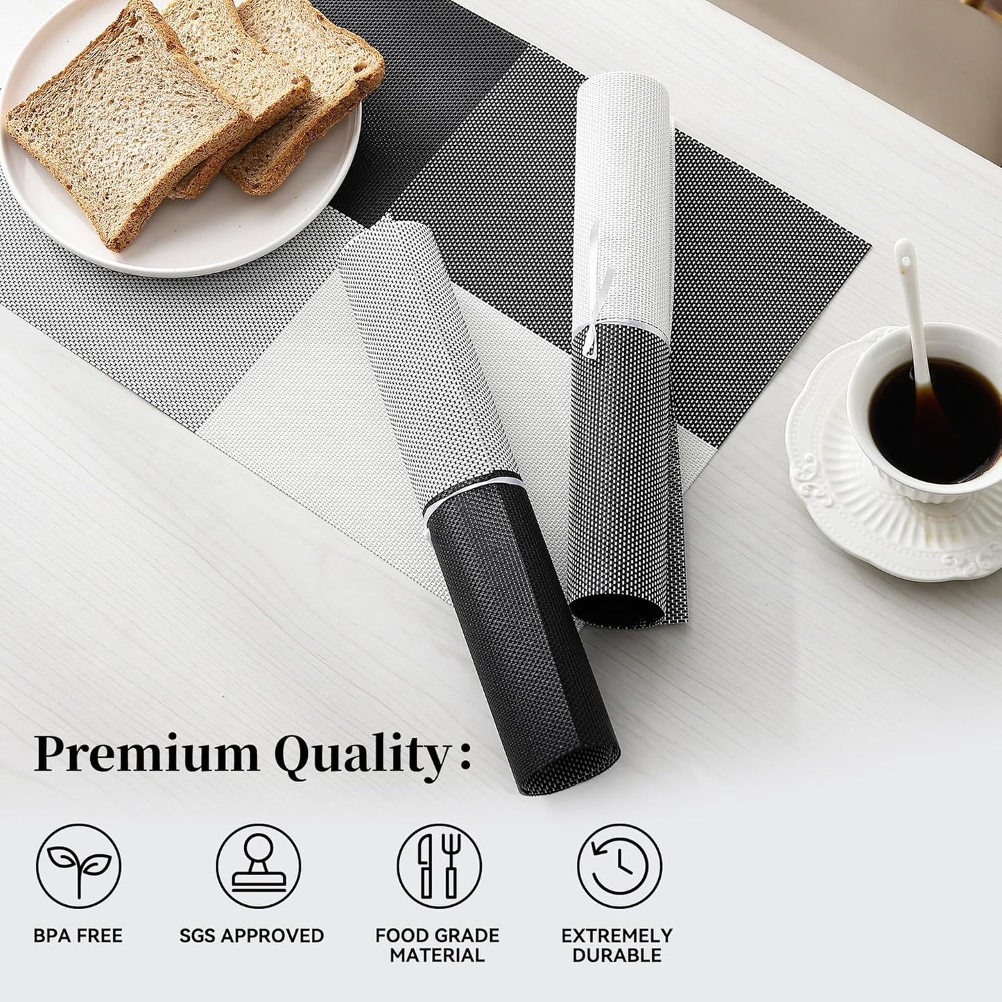 Leetaltree Gray with White Grid Pattern Placemats Set of 12 - Heat Resistant Non-Slip Place mats for Dining Table, Washable Durable PVC Vinyl Woven Table Mats(Grey Grid, 12)