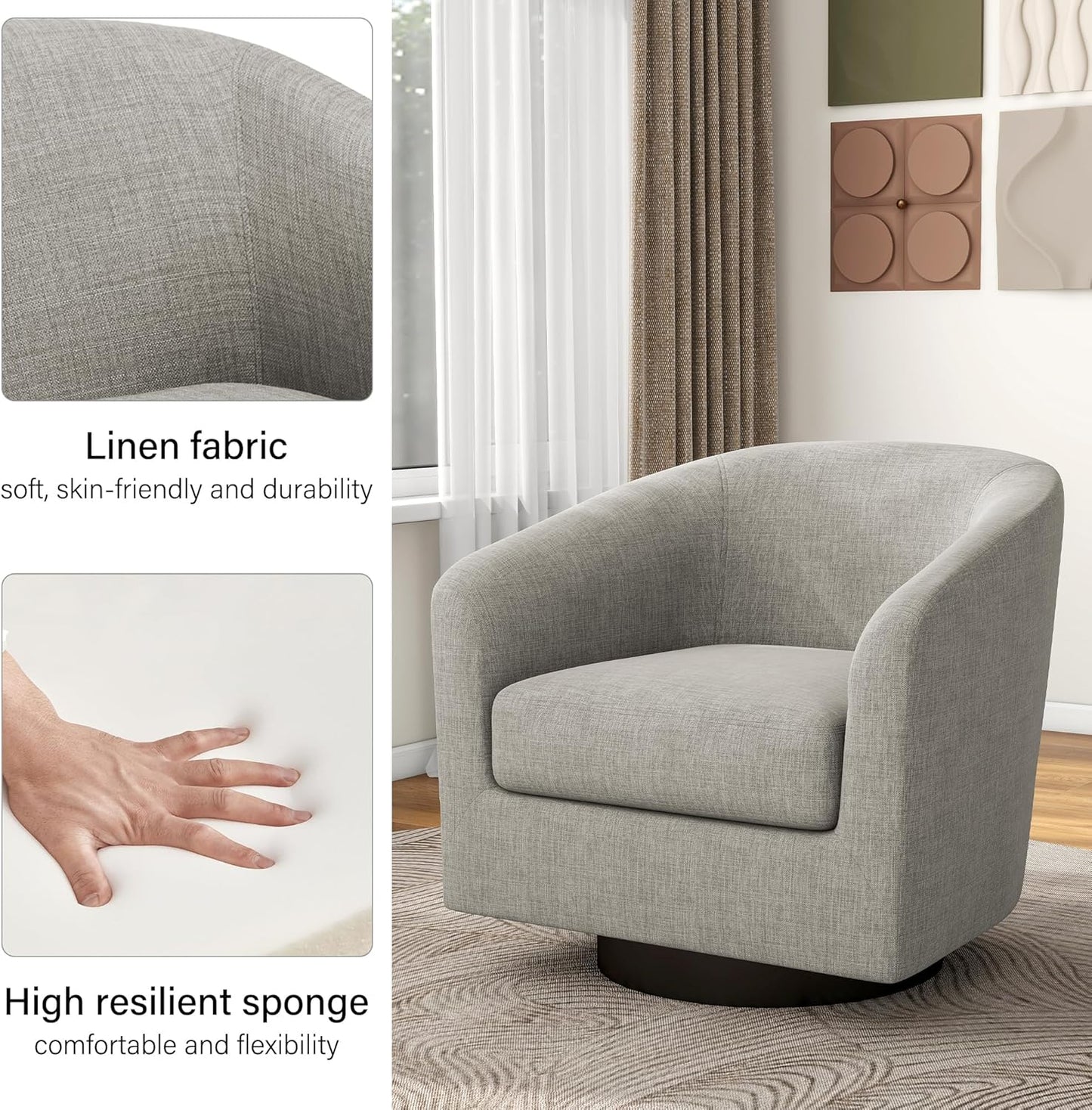 Swivel Barrel Accent Chair, Modern Round Linen Arm Chair for Living Room, Bedroom, Comfy Club Reading Chairs for Adults(Linen Fabric, Khaki, Set of 4