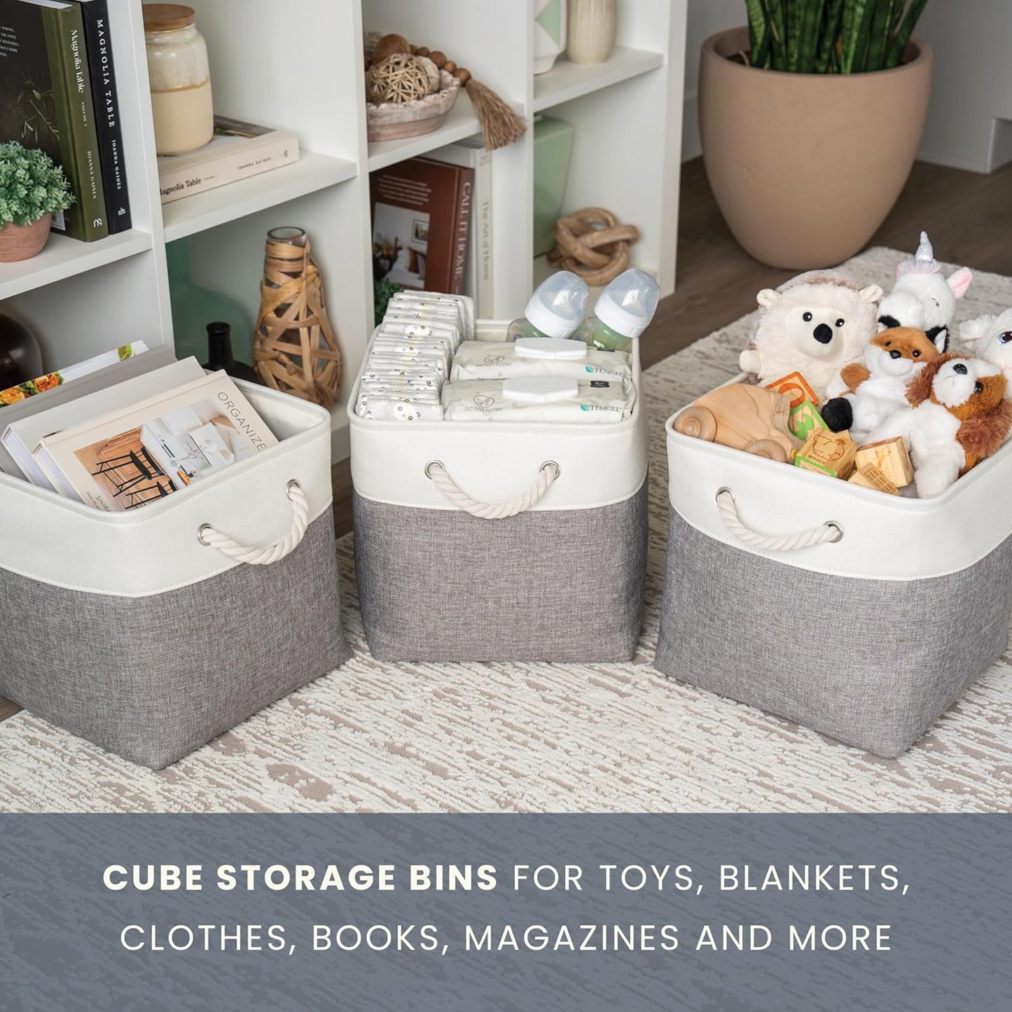 OrganiHaus 11x11 Cube Storage Bins 4 Pack, Foldable Cube Storage Organizer w/ Rope Handles, Collapsible Fabric Bins for Toys, Clothes & Closet Organization, Fabric Square Baskets - Gray/White