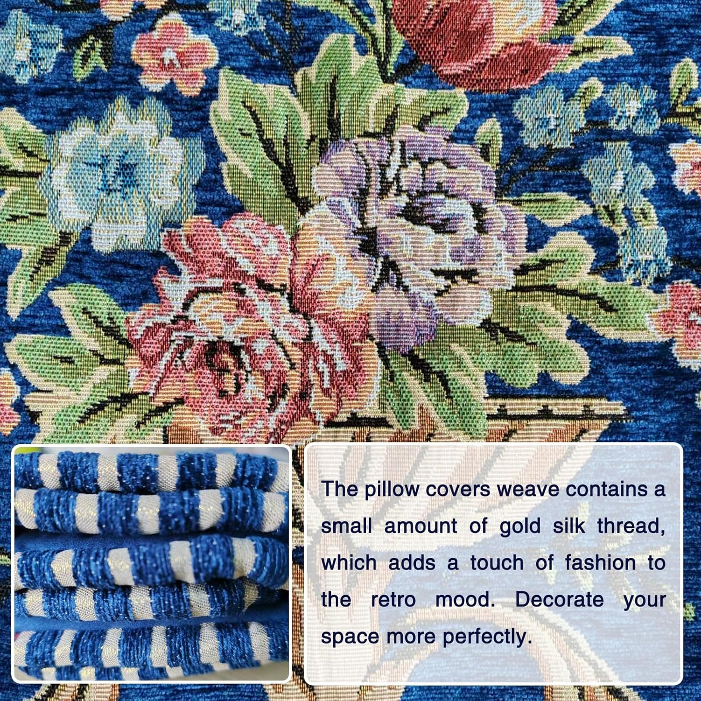 Set of 2 Blue Vintage Embroidered Throw Pillows Covers 18x18in,Vintage Decorations Floral Embroidered Cushion Cover for Sofa Couch Bed Chairs Car