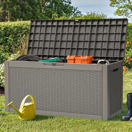 YITAHOME 60 Gallon Resin Deck Box, Weather Resistant Outdoor Rattan Storage Box, Lockable Indoor Outdoor Storage for Supplies and Essentials, Taupe