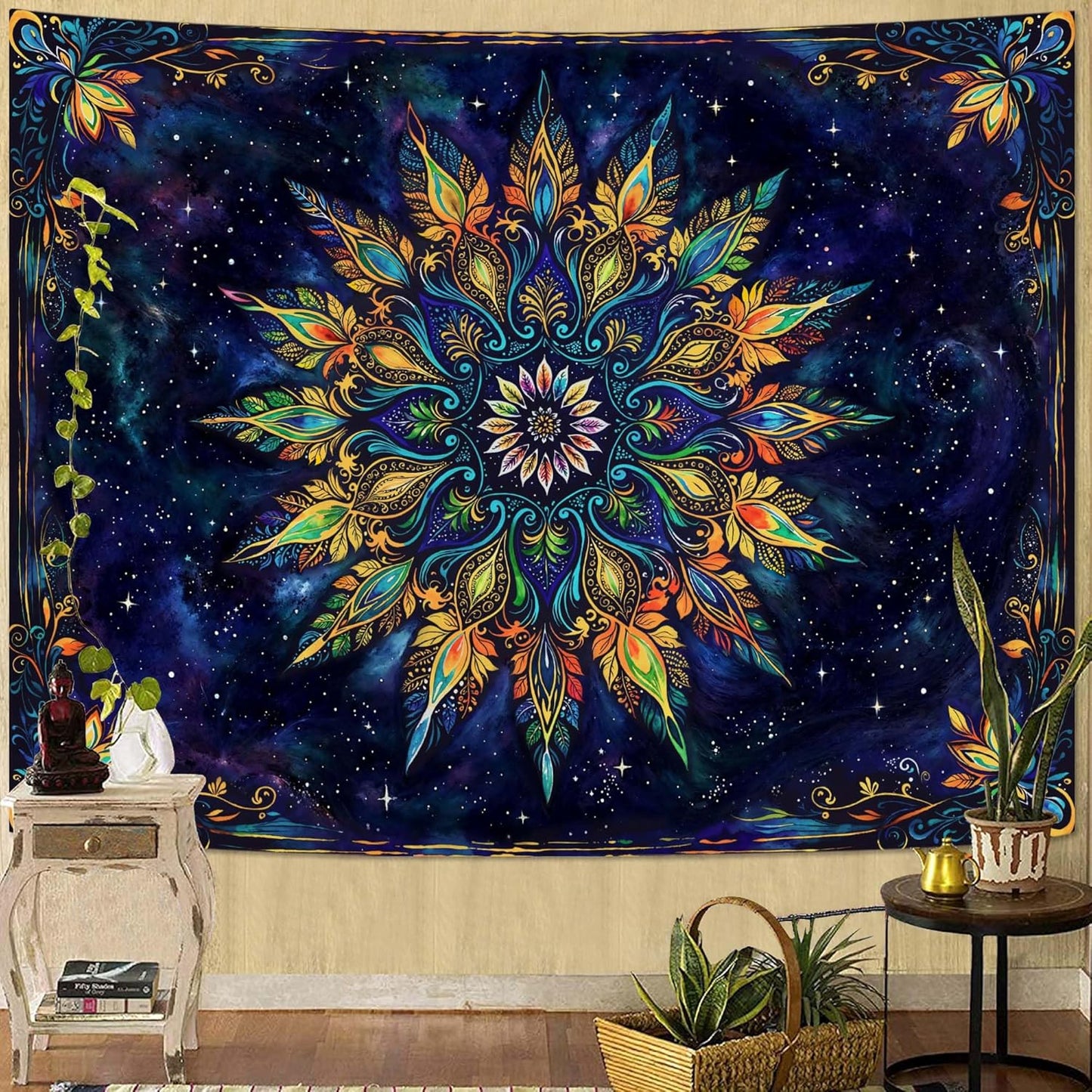Fowocu Boho Floral Mandala Tapestry for Bedroom Aesthetic Blue Bohemian Colorful Flower Wall Tapestry Purple Hippie Indian Small Tapestries Wall Hanging for Living Room Dorm Decor 40 x 30 Inch