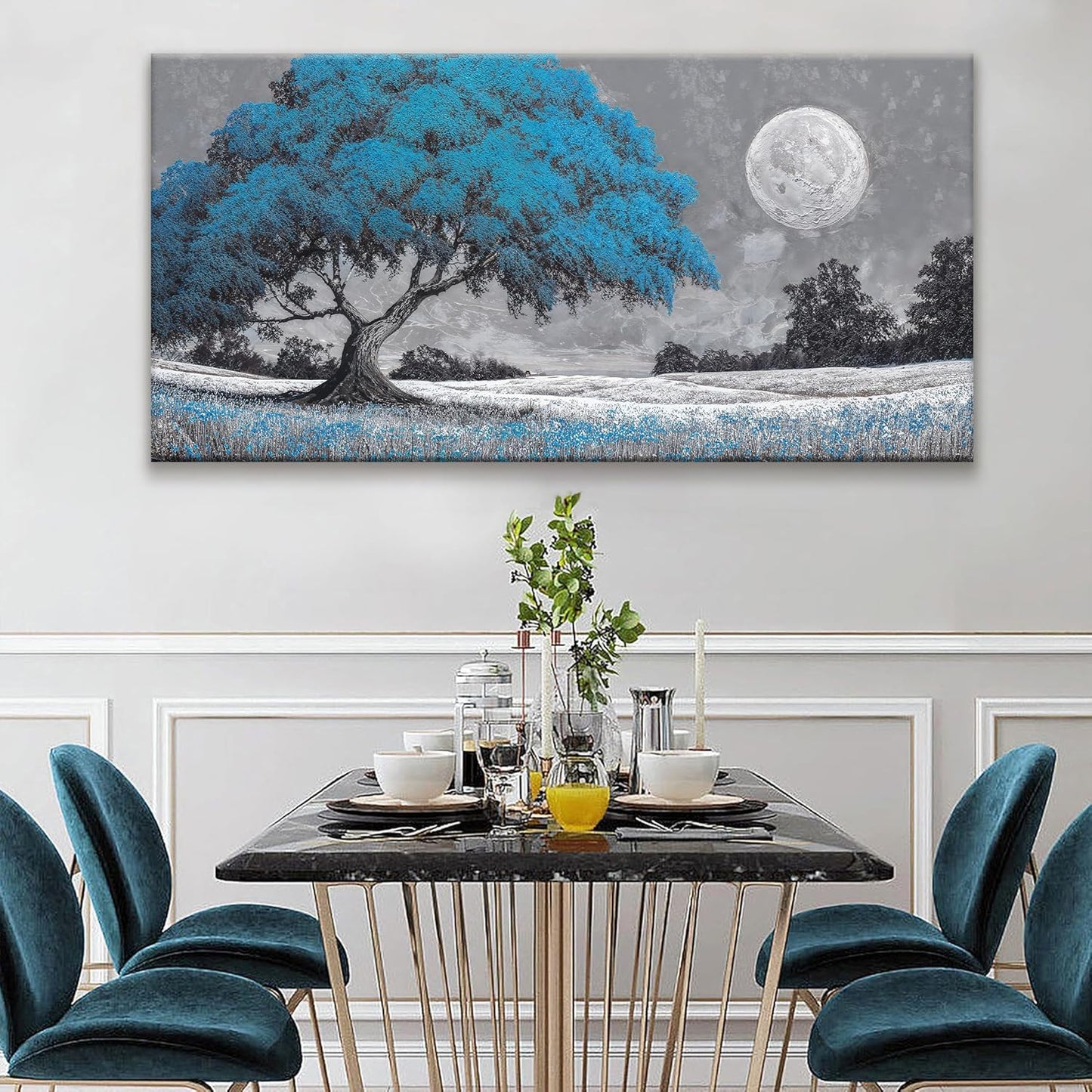 TAIJXAGSG Wall Art Blue Tree Moon Picture Canvas Art Wall Decor Artwork Abstract Canvas Print Painting Nature For Living Room Bedroom Bathroom Office Home Wall Decor 29"X 58"Can Be Hung Directly