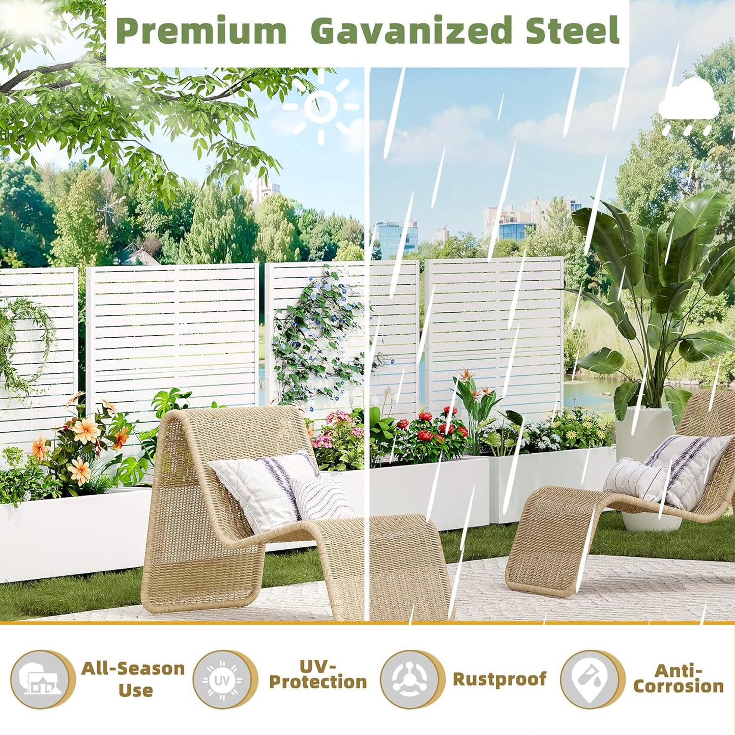 Casaphoria Metal Raised Garden Bed with Trellis and Wheels, 47"x47"x16" Planter Box for Climbing Plants, Vegetables & Vines, Features Drainage Holes and Privacy Screen (White-Louvered)