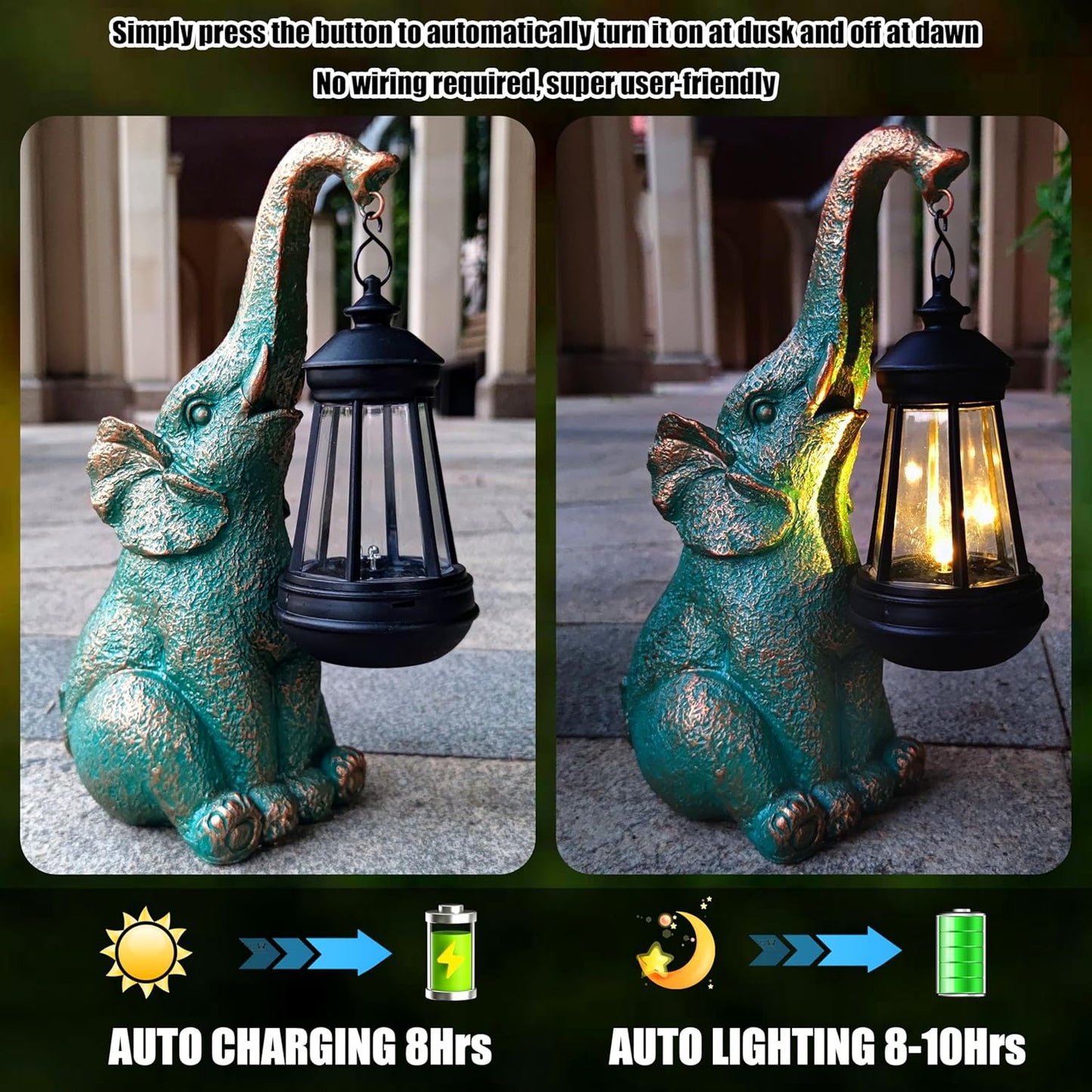 Elephant Garden Statue Outdoor Décor with Solar Lights Lantern,Elephant Solar Light Figurines Outside Decorations for Yard,Lawn Patio, Balcony, Unique Housewarming Gifts