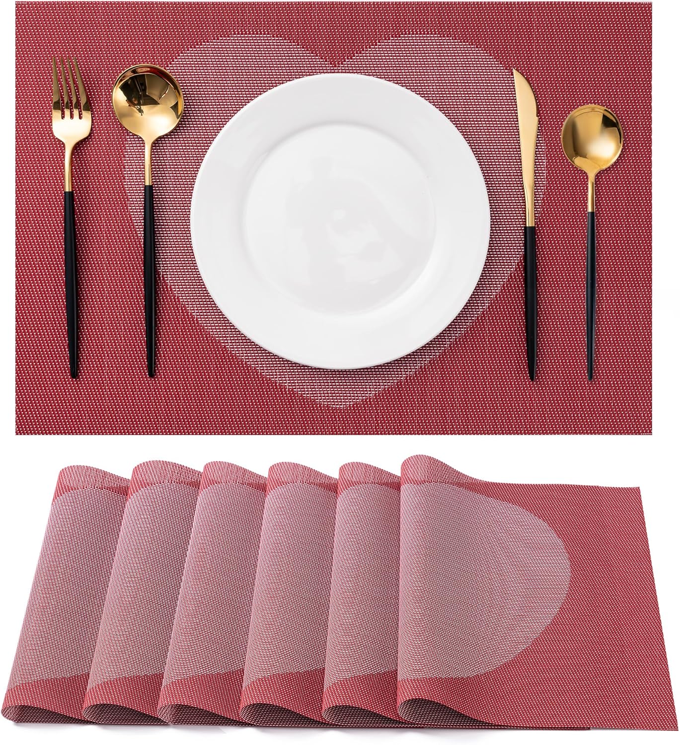CADONO Placemats Set of 6 Washable Indoor/Outdoor Vinyl Place Mats for Dining Table Durable Non-Slip Heat Resistant PVC Weave Table Mats(Red Pink Heart)