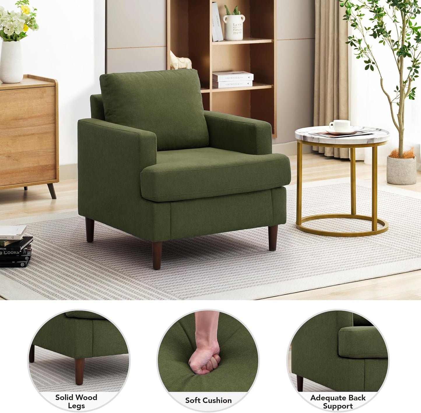 Mid-Century Accent Chair,Modern Linen Fabric Armchair for Living Room,Comfy Upholstered Reading Accent Chairs for Bedroom,Single Sofa Chair with Wood Legs (Green, 1 Pack)
