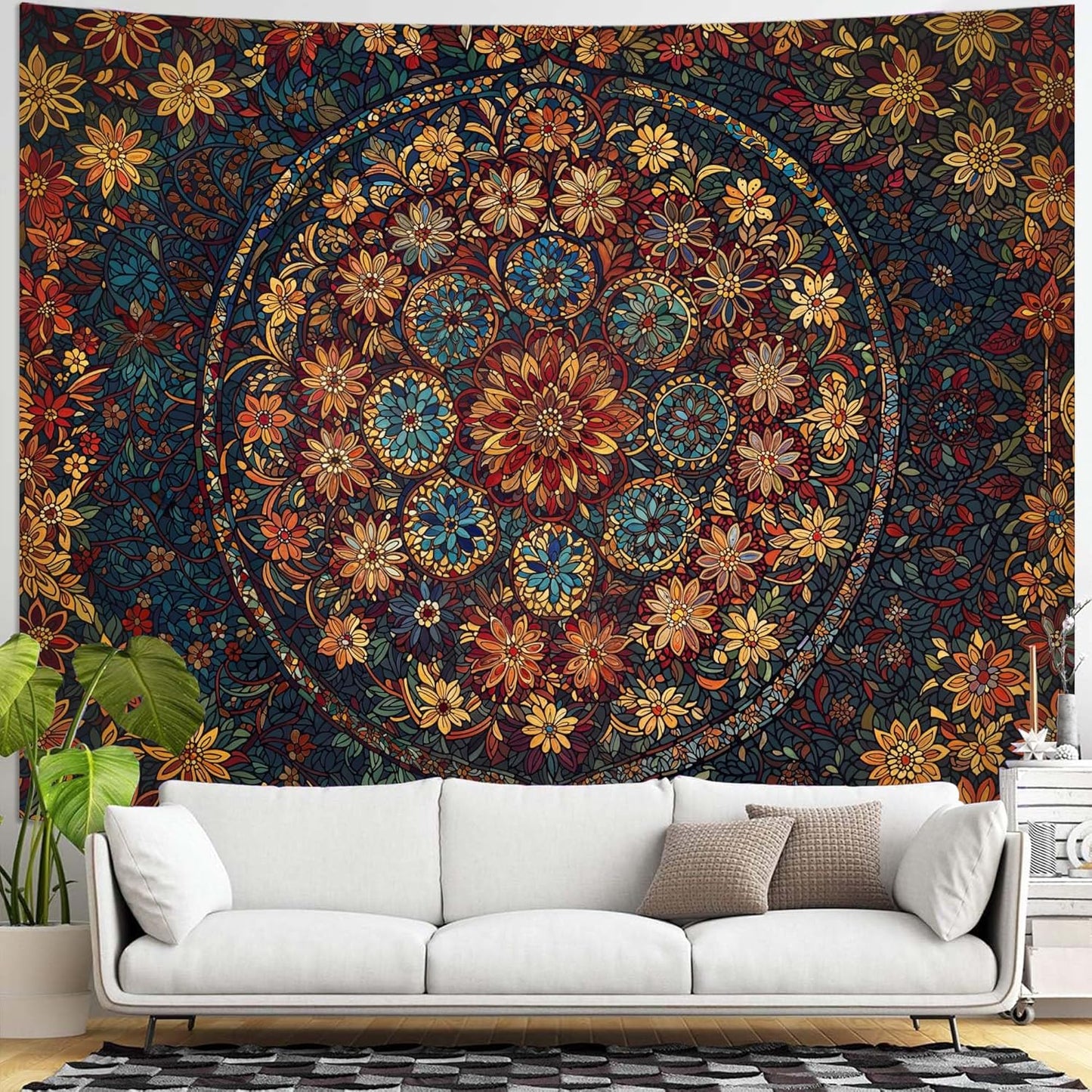 Fowocu Boho Floral Mandala Tapestry Wall Hanging Vintage Bohemian Flower Medallion Tapestry Aesthetic Orange Stained Glass Hippie Extra Large Tapestries for Bedroom Living Room Dorm Decor 90 x 68 Inch