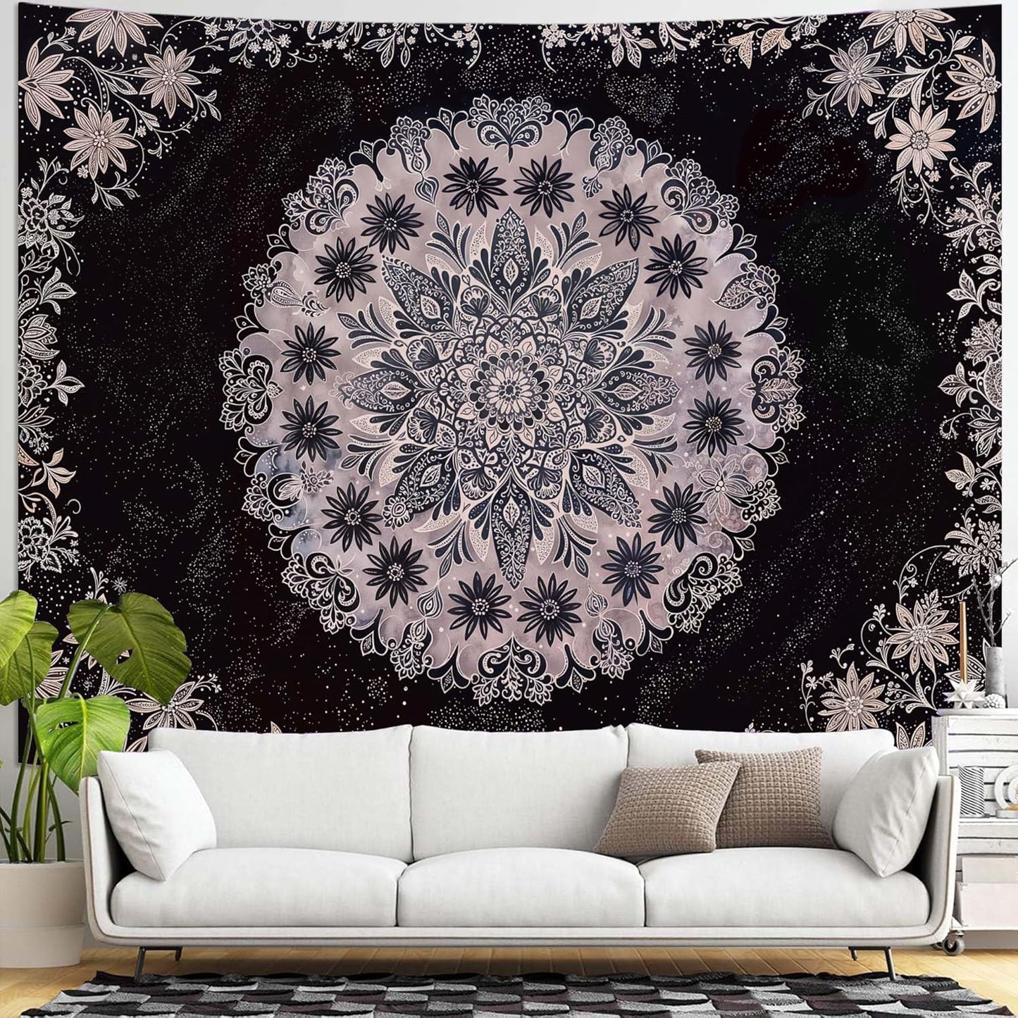 Fowocu Boho Floral Mandala Tapestry Wall Hanging Grey Bohemian Flower Medallion Tapestry Aesthetic Gray Black Hippie Indian Small Tapestries for Bedroom Living Room Dorm Decor 80 x 60 Inch