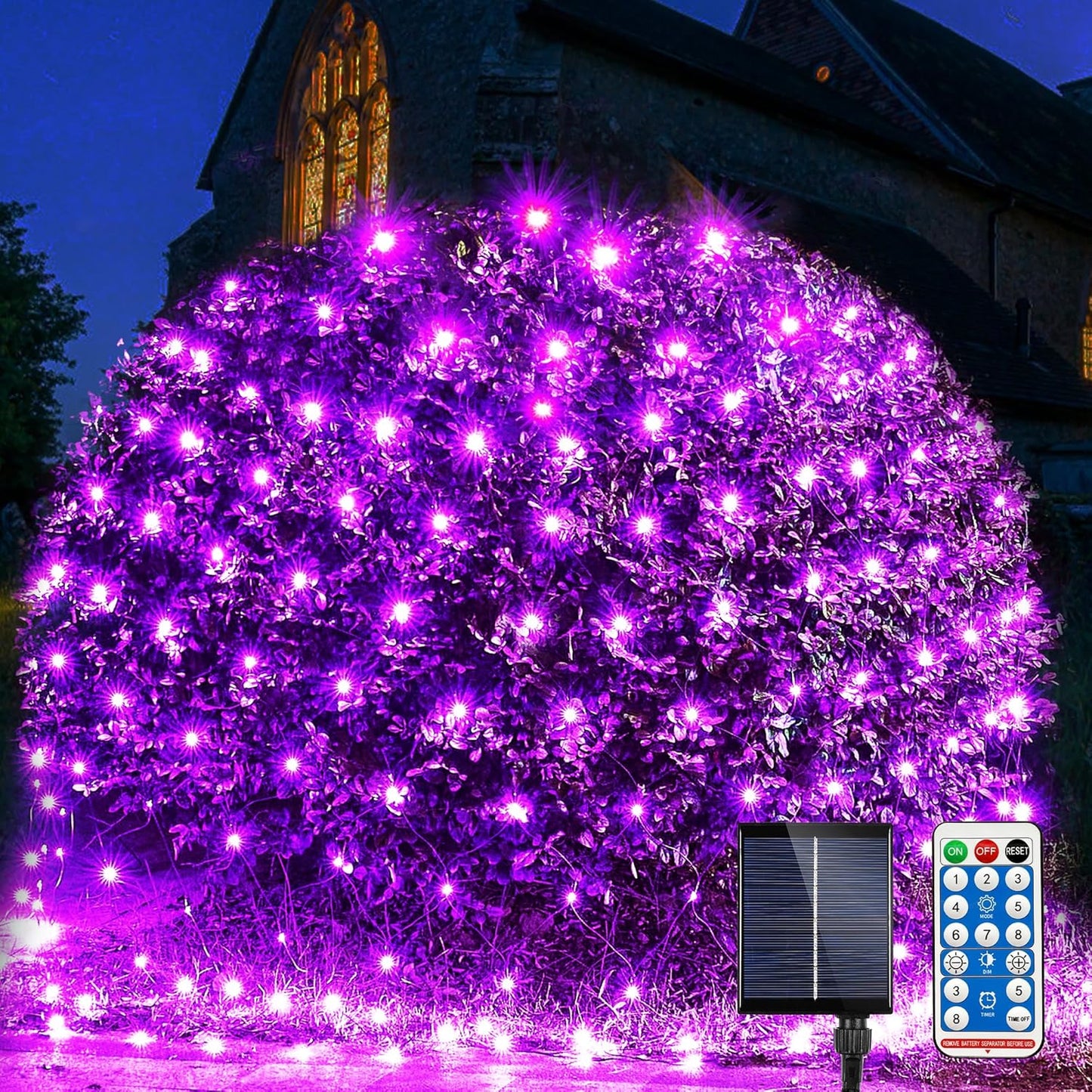 WBao Solar Halloween Lights Outdoor, 200LED 8.4ft x 5.2ft Halloween Net Lights with Remote, 8 Modes, Timer, IP65 Waterproof & Dark Green Wire for Lawn, Bushes, Trees Outdoor Decorations, Purple