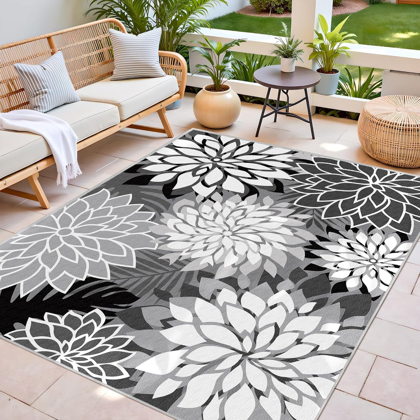 Indoor Outdoor Area Rug Washable Multicolored Rug Tropical Botanical Modern Floral Indoor Outdoor Carpet Black White Rug Non Slip Non Shedding for Patio, Deck, Backyard, Porch (6x9)