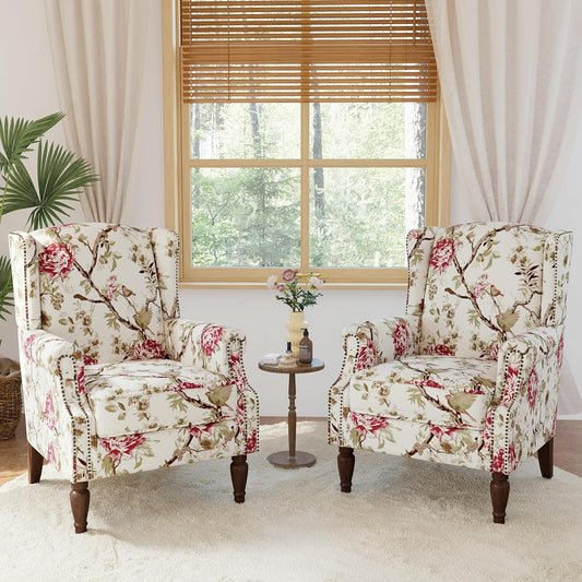 Lumibee Wingback Accent Chair, 2 Set High Back Floral Armchairs in Fabric,Comfy Upholstered Reading Single Sofa Chairs with Solid Wood Legs for Living Room,Bedroom,Office-Floral Beige