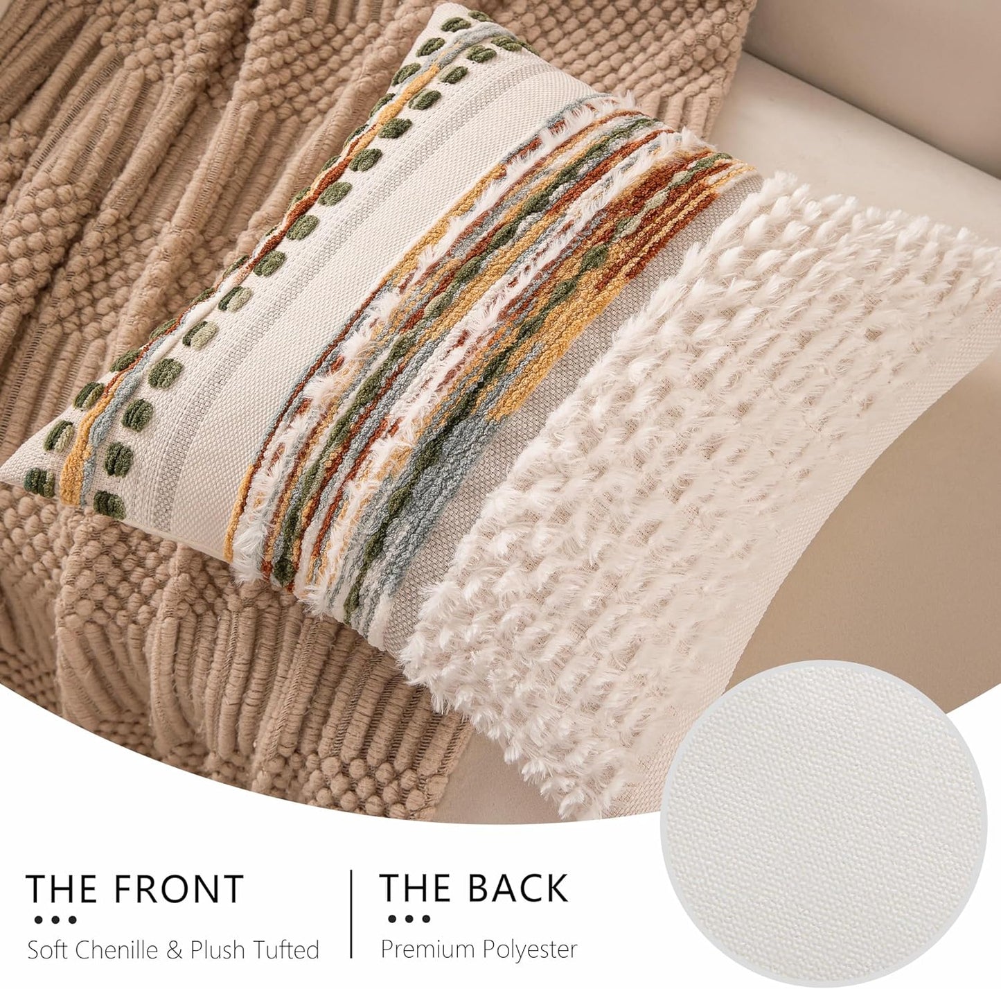 Boho Chenille Tufted Couch Throw Pillow Covers 18x18 Inch Set of 2 Farmhouse Striped Decorative Pillow Covers Accent Neutral Pillowcase Forest Cushion Cover for Living Room Sofa Bed