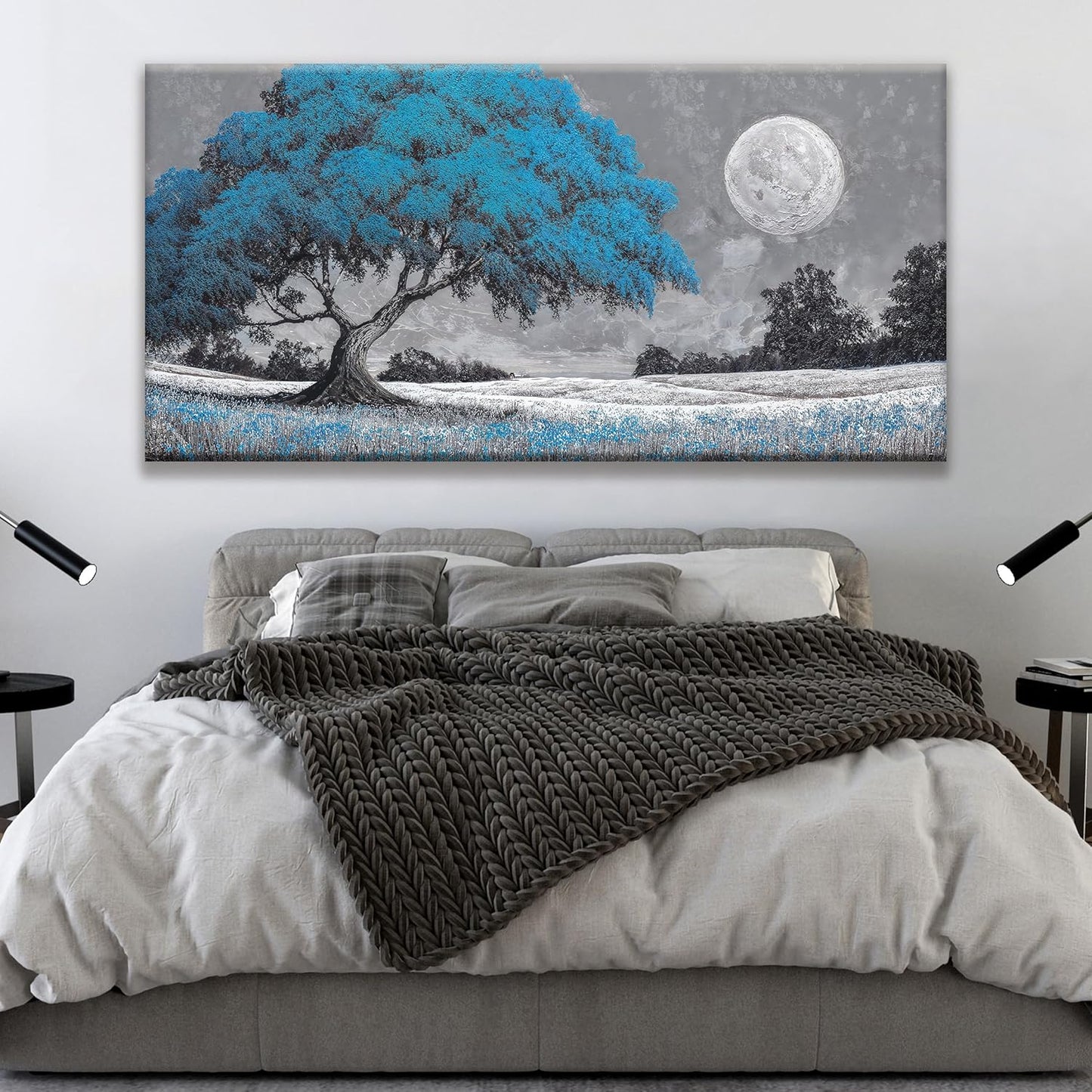 TAIJXAGSG Wall Art Blue Tree Moon Picture Canvas Art Wall Decor Artwork Abstract Canvas Print Painting Nature For Living Room Bedroom Bathroom Office Home Wall Decor 29"X 58"Can Be Hung Directly