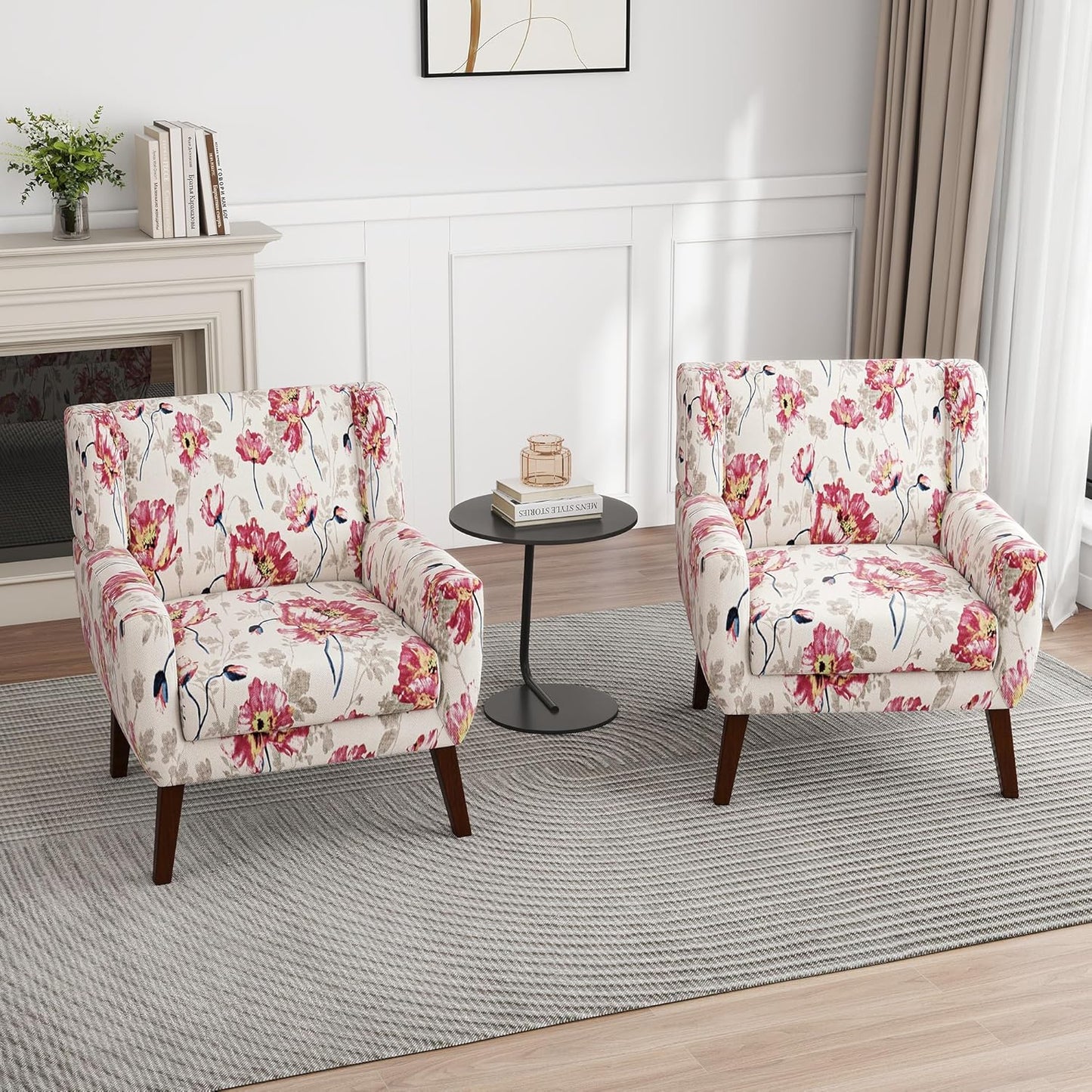 UIXE Floral Accent Chair, Modern Upholstered Armchair in Fabric for Living Room, Comfy Club Arm Chairs Single Sofa Button Tufted Bedroom Reading Seat - Pattern White, Set of 4