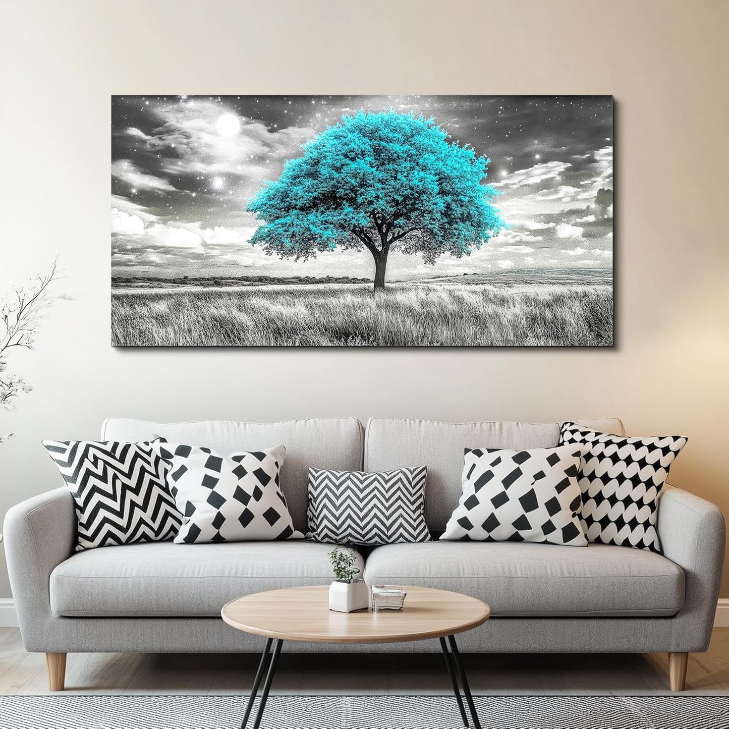 KELIYUAN Blue Tree Wall Artist Decorated Painting Full Of Stars Black And White Oil Painting Modern Print Canvas Aesthetics Living Room Decoration Bedroom Bathroom Office Wall Decoration 24 X 48 In