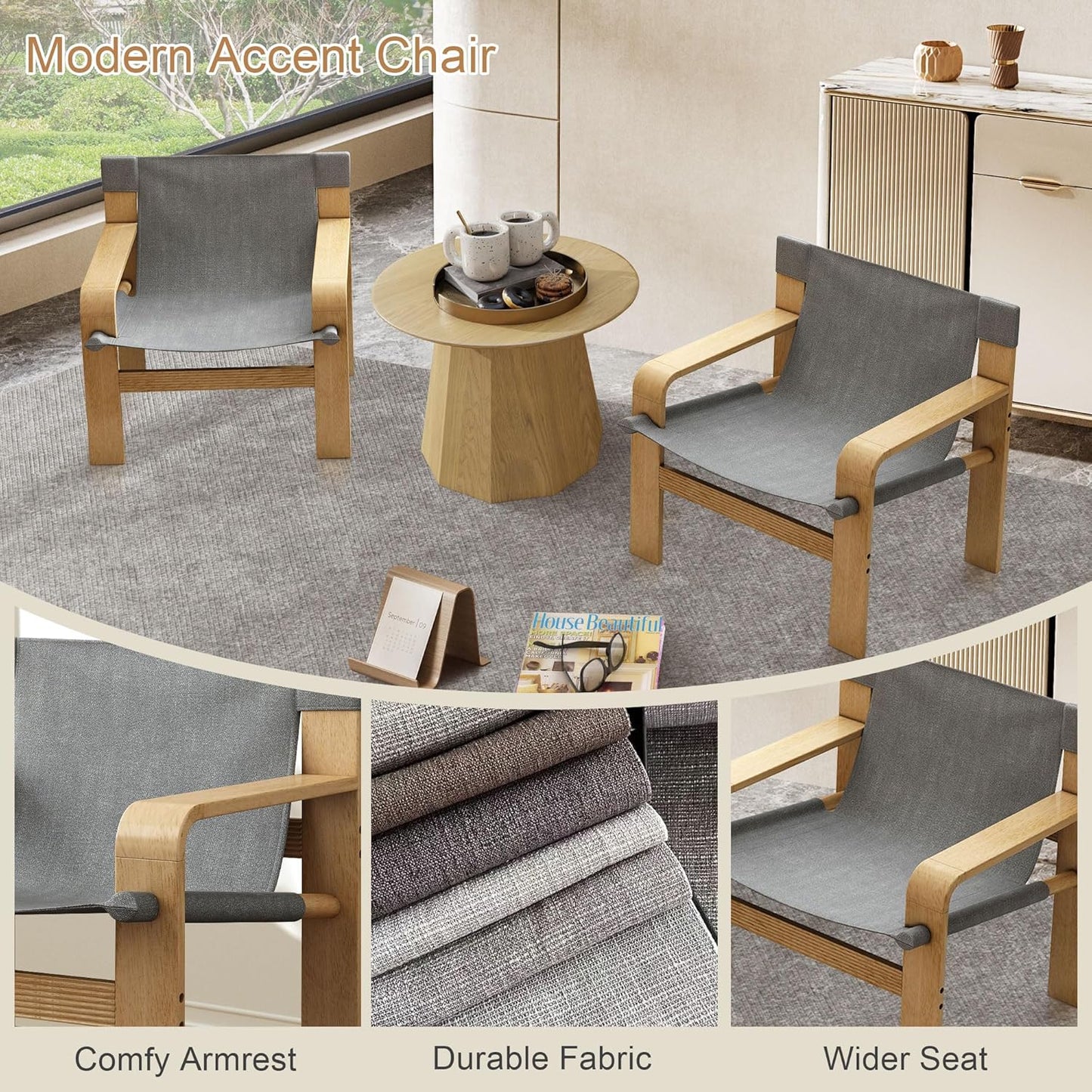 Mid-Century Accent Chair with Wide Armrest & Solid Wood Frame, Detachable and Washable Armchair, Modern Living Room Reading Chairs for Bedroom Sunroom Bedroom Balcony,Light Grey