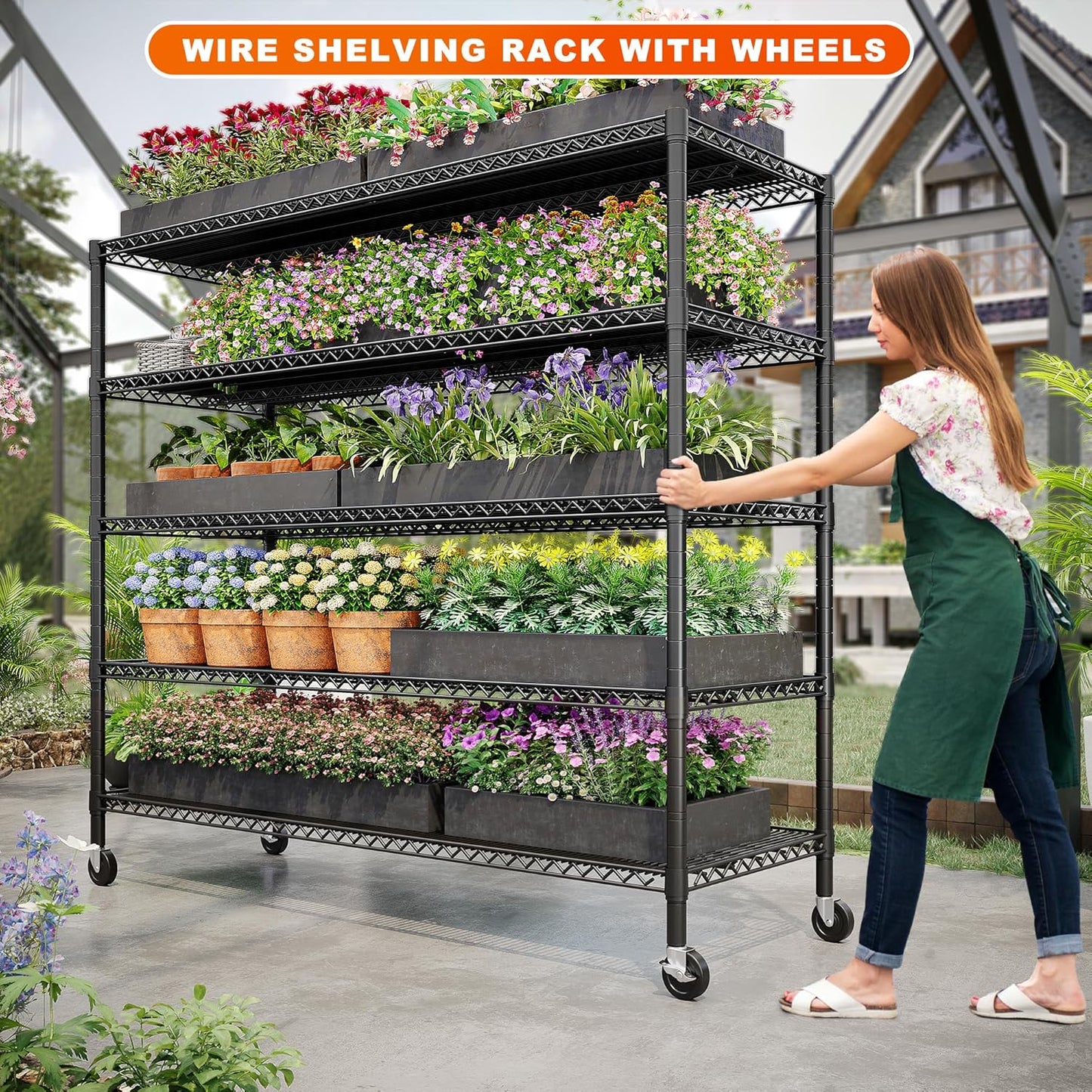 REIBII 85.7" H Storage Shelves 2998LBS Metal Shelving Unit with Wheels & Feet, 5 Tier Garage Shelving Heavy Duty Adjustable Wire Shelf for Pantry Kitchen Garage, 85.7" H X 55.5" W X 24.2" D, 2PCS