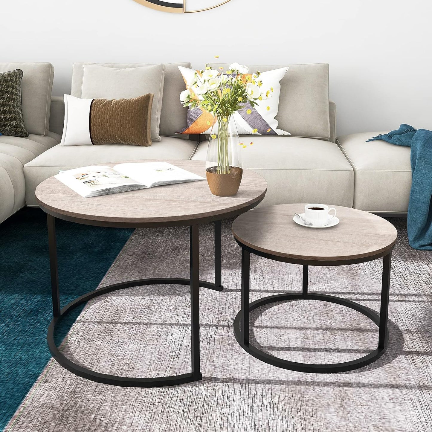 Round Coffee Tables Nesting Side Set of 2 End Tables for Living Room,Round Table with Solid Powder-Coated Metal Frame Natural Wood Color