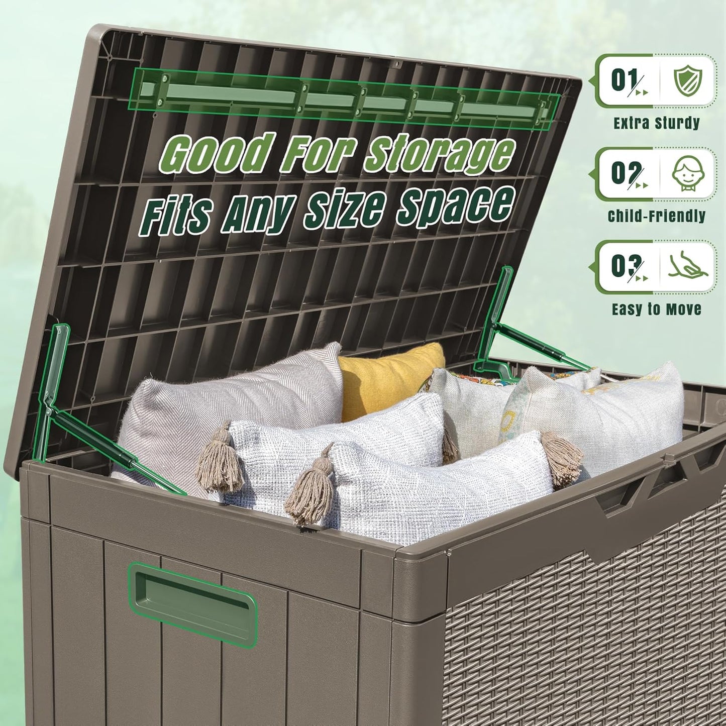 Greesum 100 Gallon Resin Deck Box Large Outdoor Storage with Cushions for Patio Furniture, Garden Tools, Pool Supplies, Weatherproof and UV Resistant, Lockable, Light Coffee