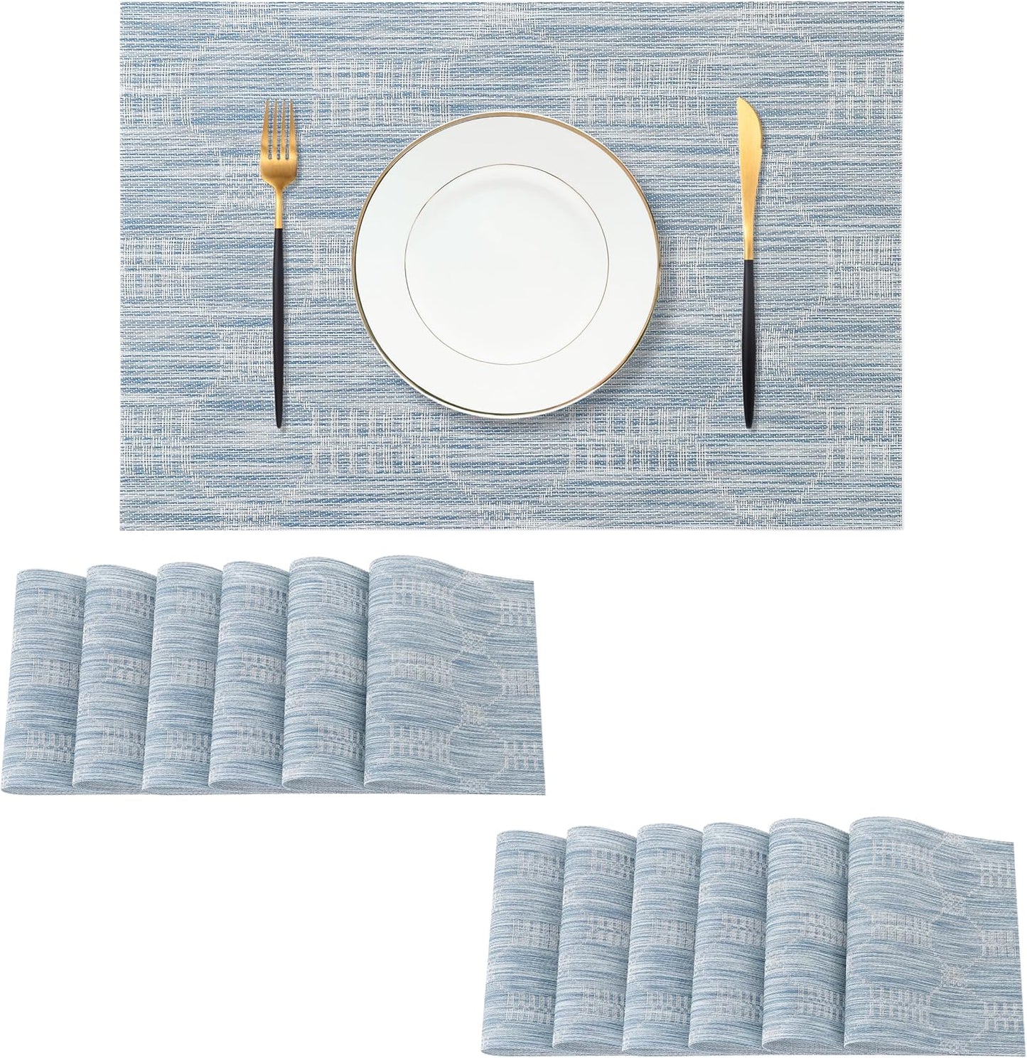 Leetaltree Jacquard Blue Placemats Set of 12 - Heat Resistant Non-Slip Place mats for Dining Table, Washable Durable PVC Vinyl Woven Table Mats(Jacquard Blue, 12)