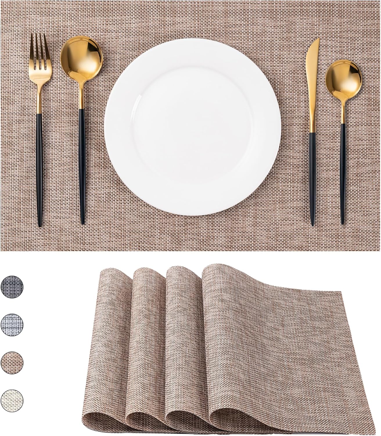 CADONO Placemats Set of 4 Washable Indoor/Outdoor Vinyl Place Mats for Dining Table Durable Non-Slip Heat Resistant PVC Weave Table Mats(Khaki)