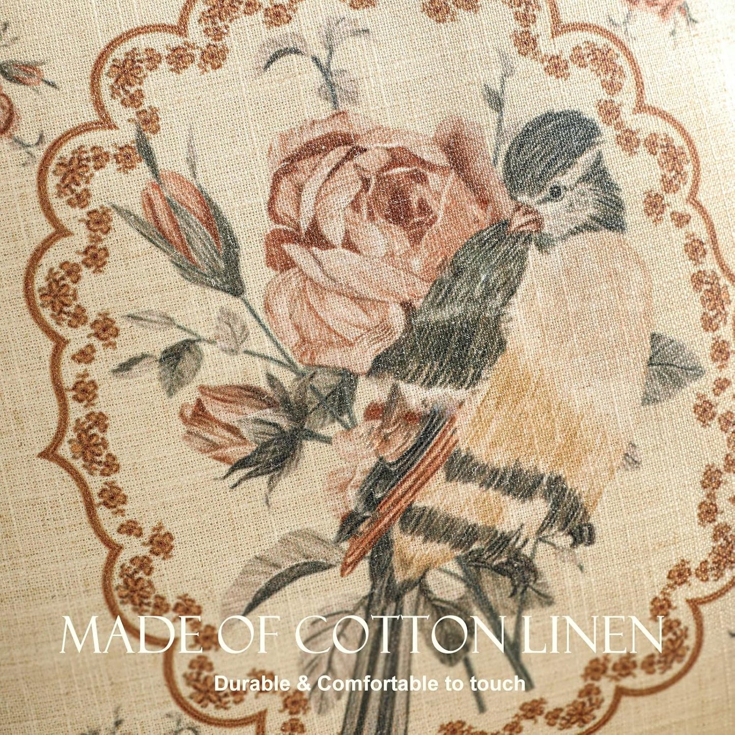 patdrea Designer Vintage Floral Throw Pillow Covers for Couch Set of 4,Brown Yellow Linen Pillowcases with Bird and Rose Pattern Decorative Cushion Cover for Bedroom Living Room Outdoor Car Cafe