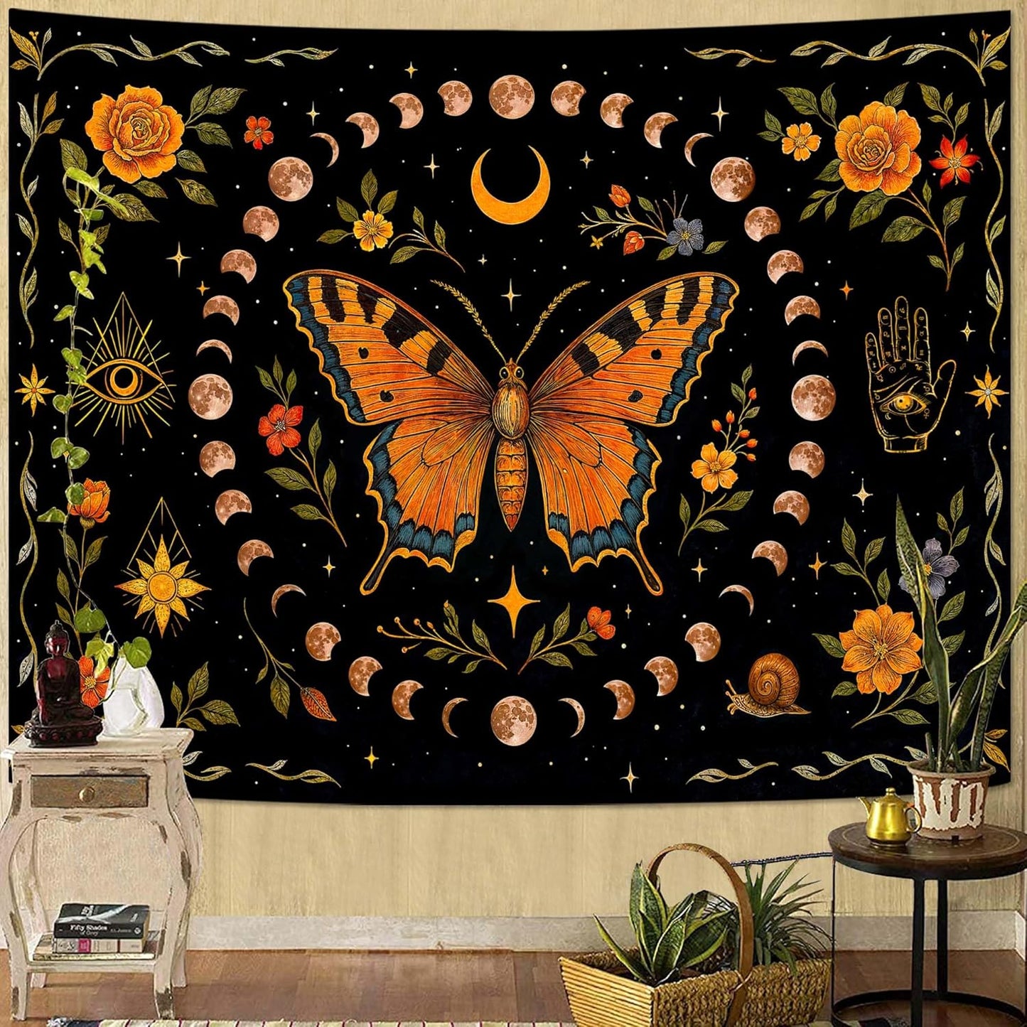 Lunerfex Moon Phase Butterfly Floral Wall Tapestry, Celestial Botanical Tapestries for Room Decor, Mystical Tapestry 80x60 Inch