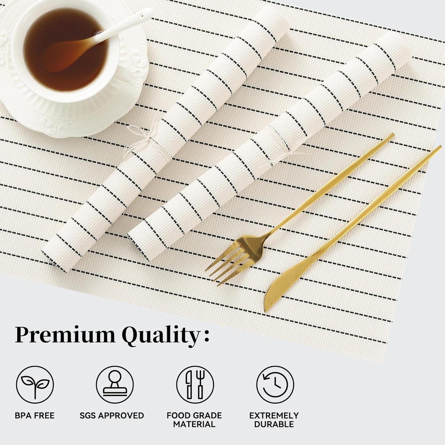 Leetaltree White with Black Stripes Placemats Set of 4 - Heat Resistant Non-Slip Place mats for Dining Table, Washable Durable PVC Vinyl Woven Table Mats(White Stripes, 4)