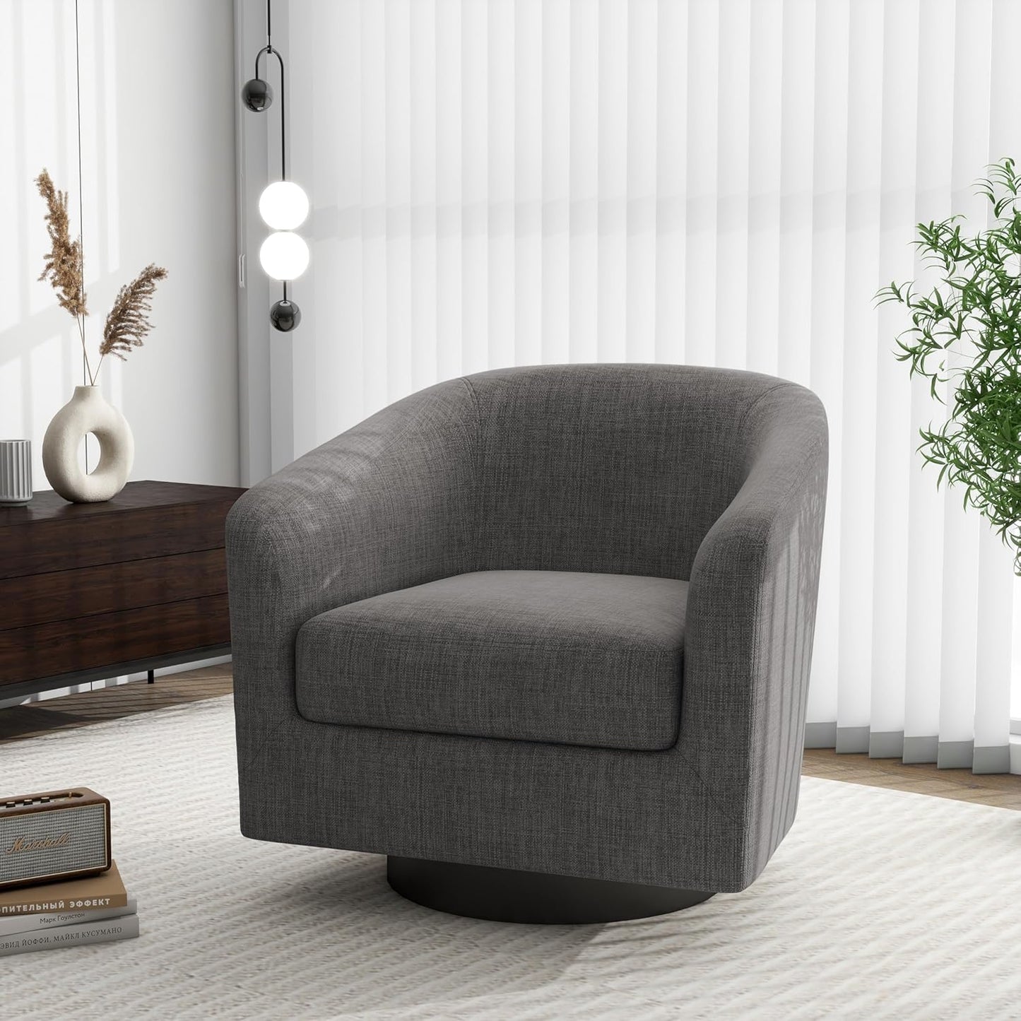 Swivel Barrel Accent Chair, Modern Round Linen Arm Chair for Living Room, Bedroom, Comfy Club Reading Chairs for Adults(Linen Fabric, Grey, Set of 1