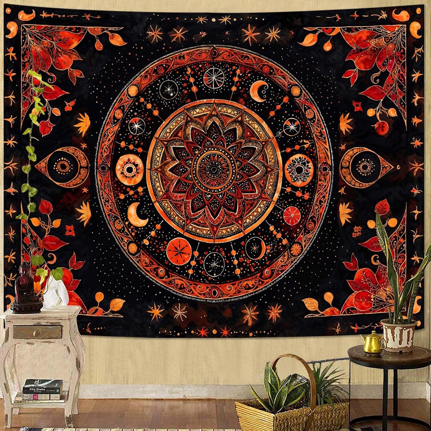 Lunerfex Mandala Moon and Stars Tapestry Boho Tapestry for Bedroom Black and Orange Tapestries Wall Hanging Living Room Wall Art and Home Decor 60x80