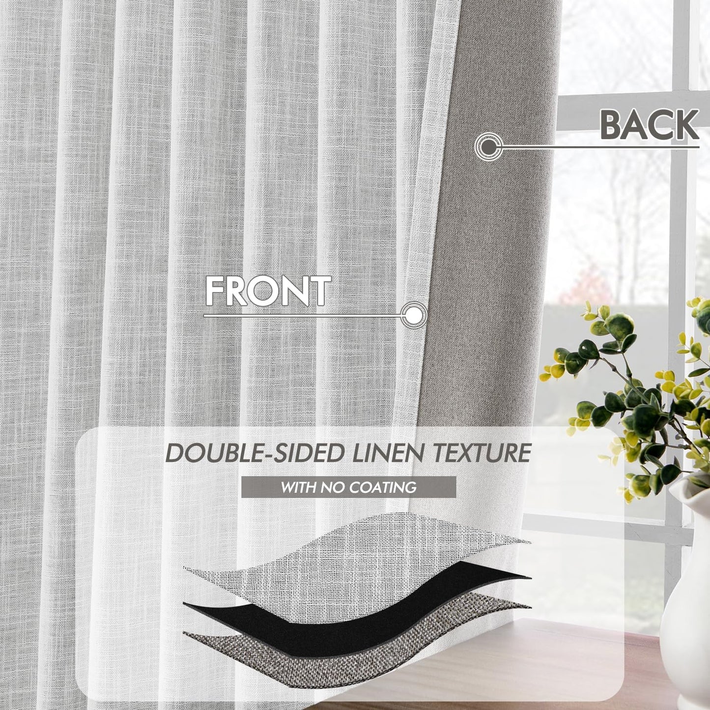 MIULEE Greyish White 100% Blackout Linen Curtains 102 Inch 2 Panels Set Double Sided No Coating Pinch Pleated Back Tab Floor to Ceiling Black out Thermal Insulated Bedroom Living Room Darkening Drapes