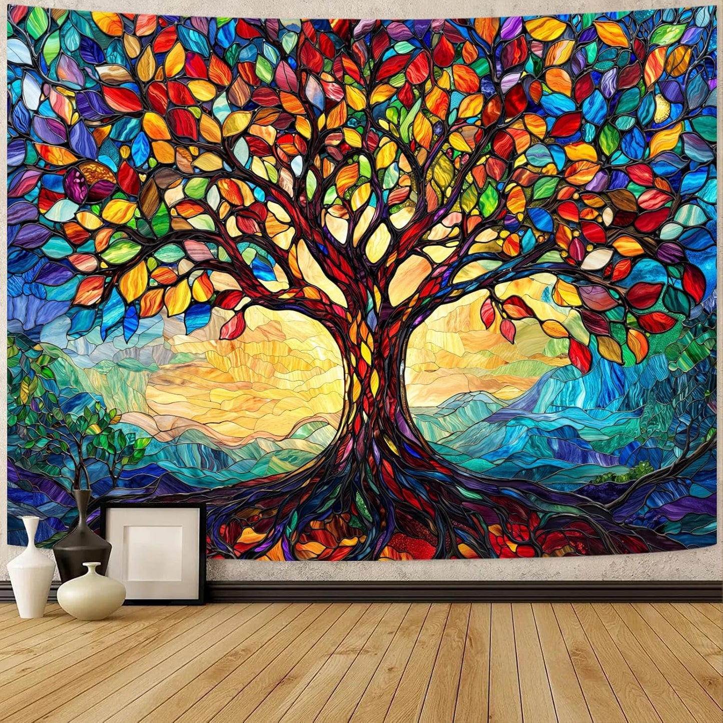 Lunerfex Tree of Life Tapestry Stained Glass Tapestry Wall Decor Tapestries for Bedroom Art Tapestries Wall Hanging for Bedroom Living Room Glass-Tree-01 60"x80"