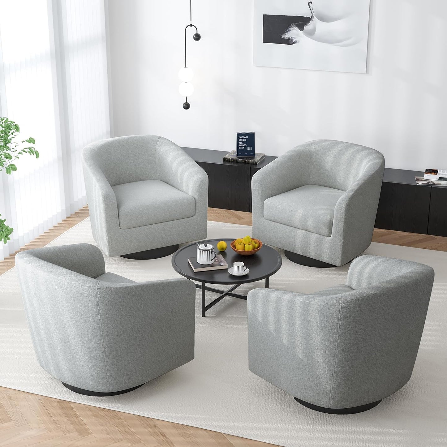 Swivel Barrel Accent Chair, Modern Round Chenille Fabric Arm Chair for Living Room, Bedroom, Comfy Club Reading Chairs for Adults(Chenille Fabric, Light Grey, Set of 4