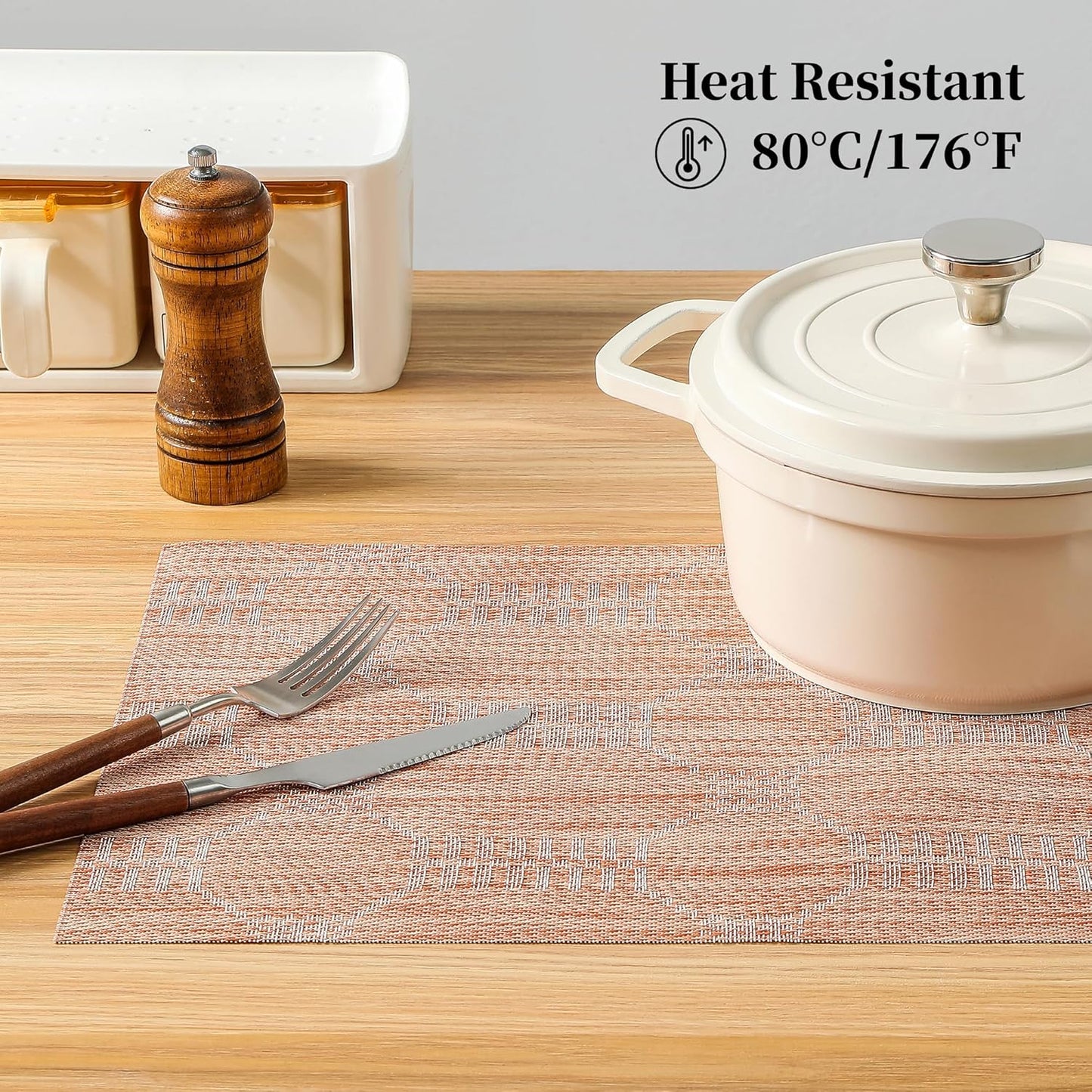 Leetaltree Coral Placemats Set of 8 - Heat Resistant Non-Slip Place mats for Dining Table, Washable Durable PVC Vinyl Woven Table Mats(Coral, 8)