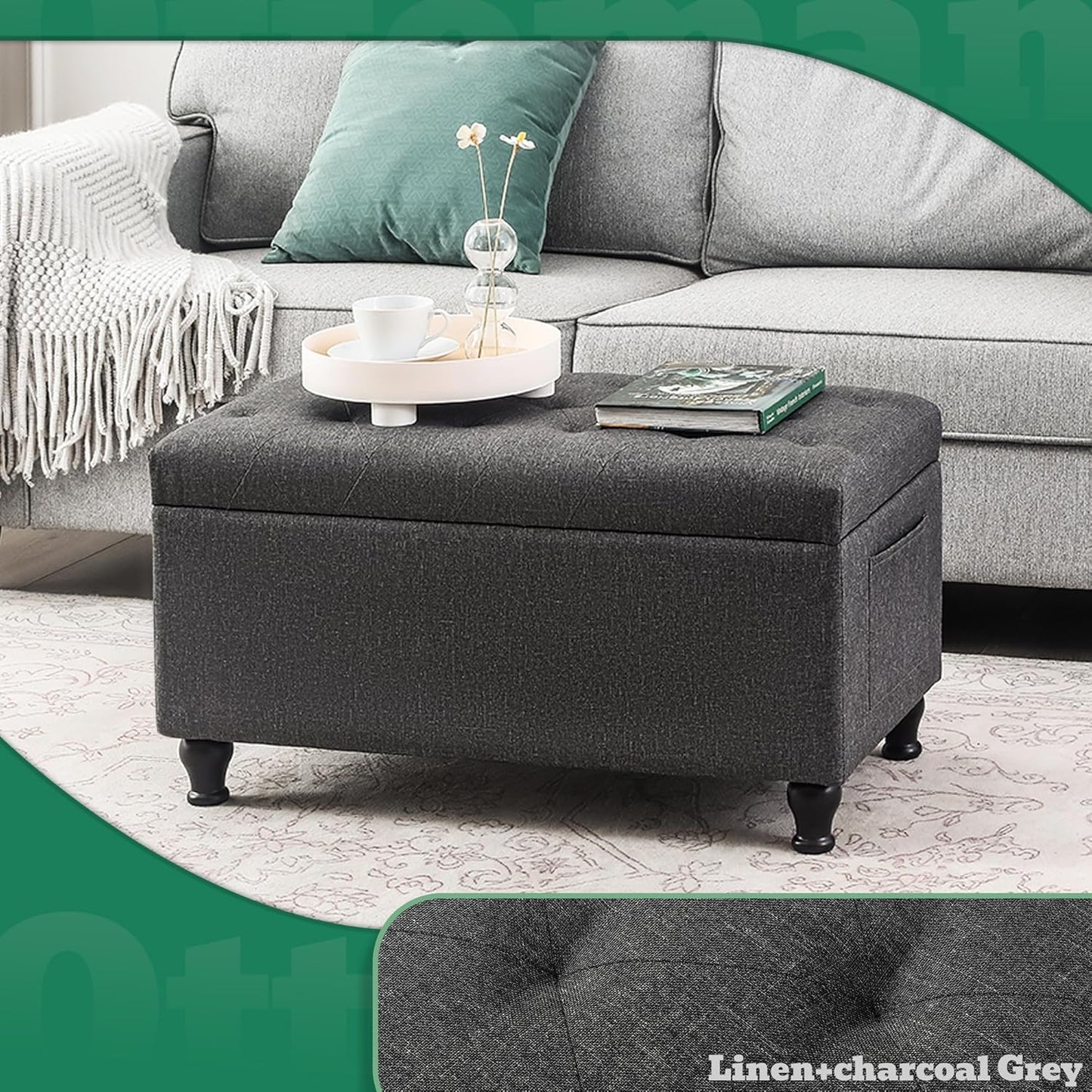 Ottoman with Storage 32'' Ottoman Storage Bench Linen Fabric Ottomans Footstools Upholstered Foot Rest Stool for Couch, Living Room, Bedroom, Entrance Shoe Bench Dark Gray