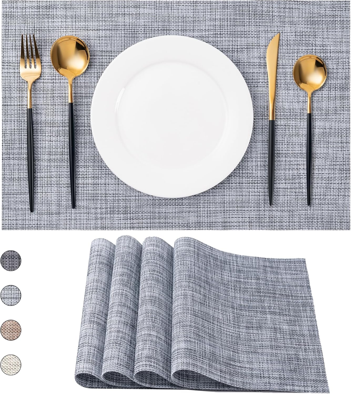 CADONO Placemats Set of 4 Washable Indoor/Outdoor Vinyl Place Mats for Dining Table Durable Non-Slip Heat Resistant PVC Weave Table Mats(Gray)