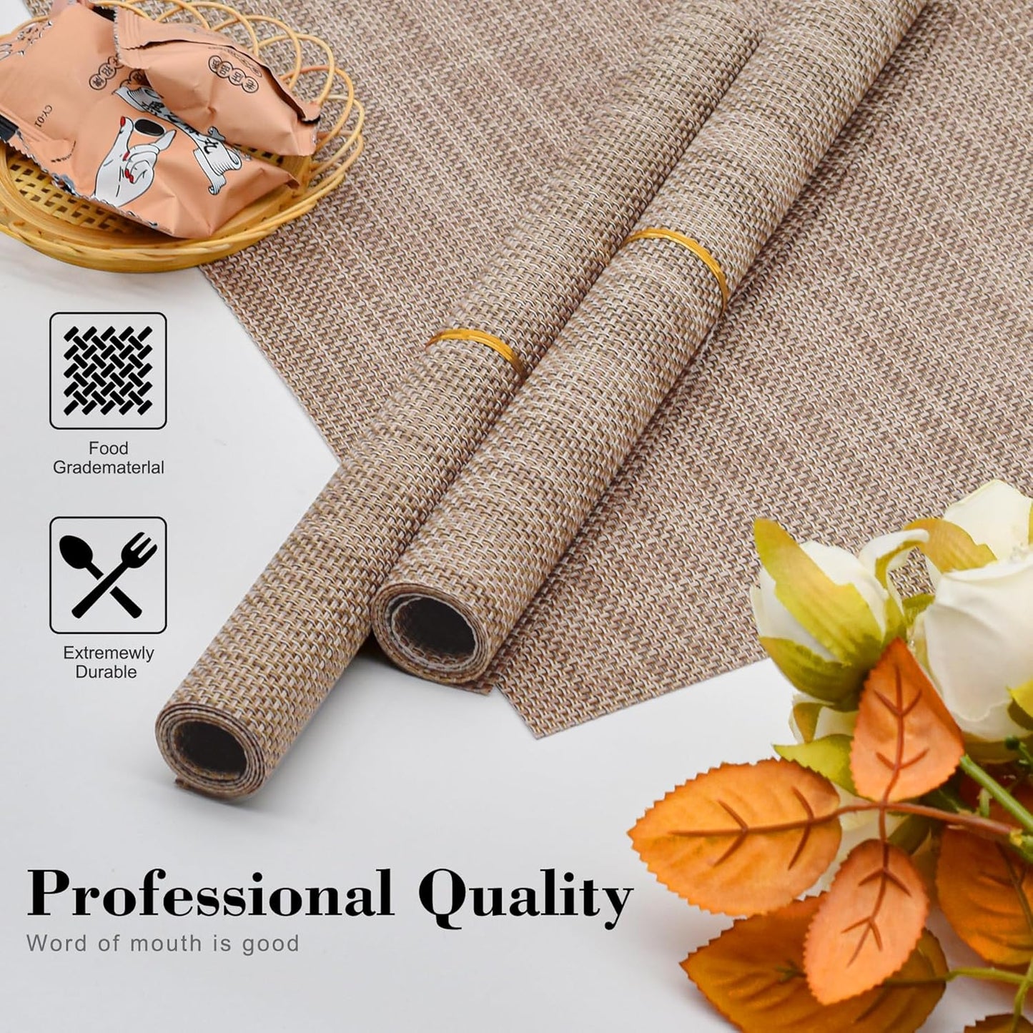 CADONO Placemats Set of 4 Washable Indoor/Outdoor Vinyl Place Mats for Dining Table Durable Non-Slip Heat Resistant PVC Weave Table Mats(Khaki)