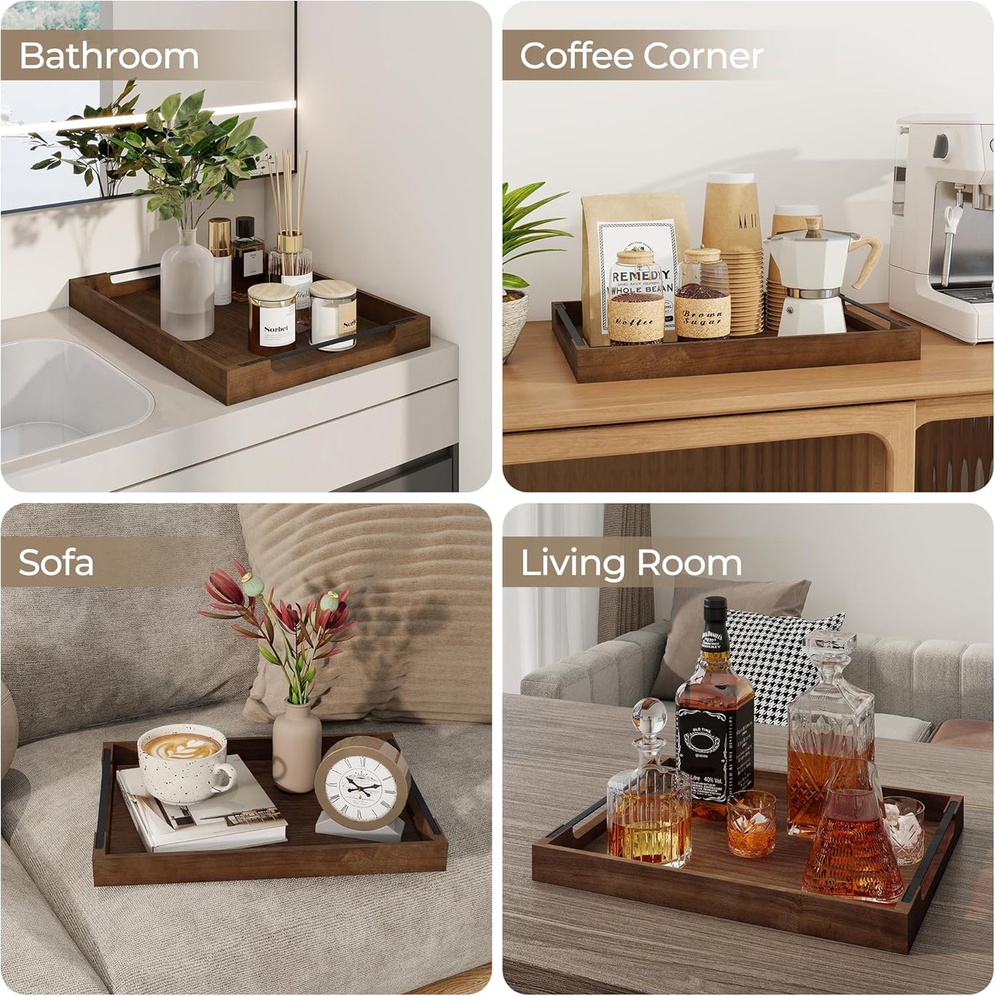 Axeman Wooden Serving Tray with Metal Handles|Ottoman Tray for Breakfast, Bed, Couch|17x13in Ash Wood Coffee Table Trays|Food Drinks Decorative Storage Boards for Ottoman Kitchen, Walnut