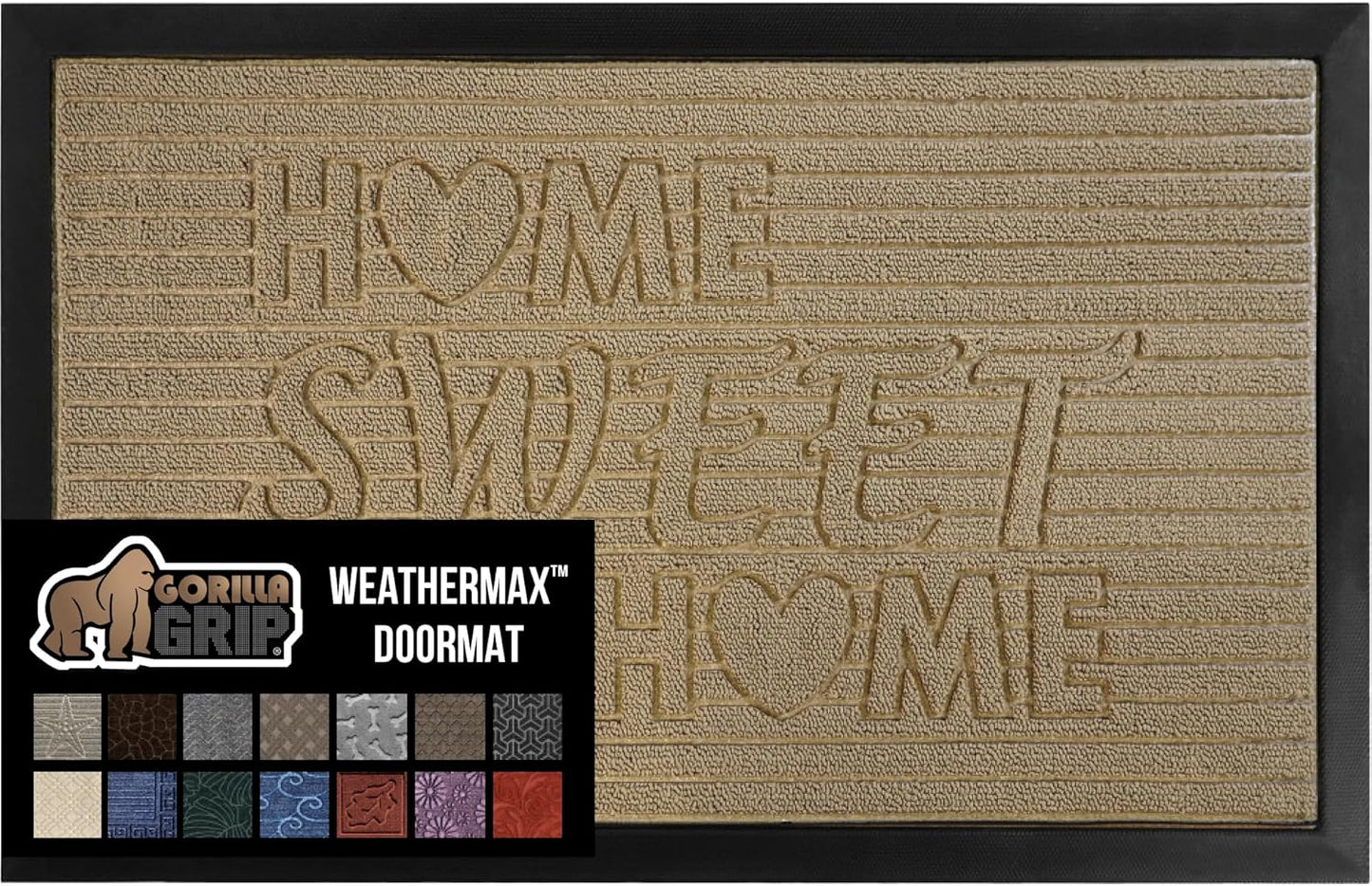 GORILLA GRIP 100% Waterproof All-Season WeatherMax Doormat, US Designed Natural Rubber, Stain and Fade Resistant, Low Profile Indoor Outdoor Door Mats, Easy Clean Patio Mat, 17x29, Home Sweet Home