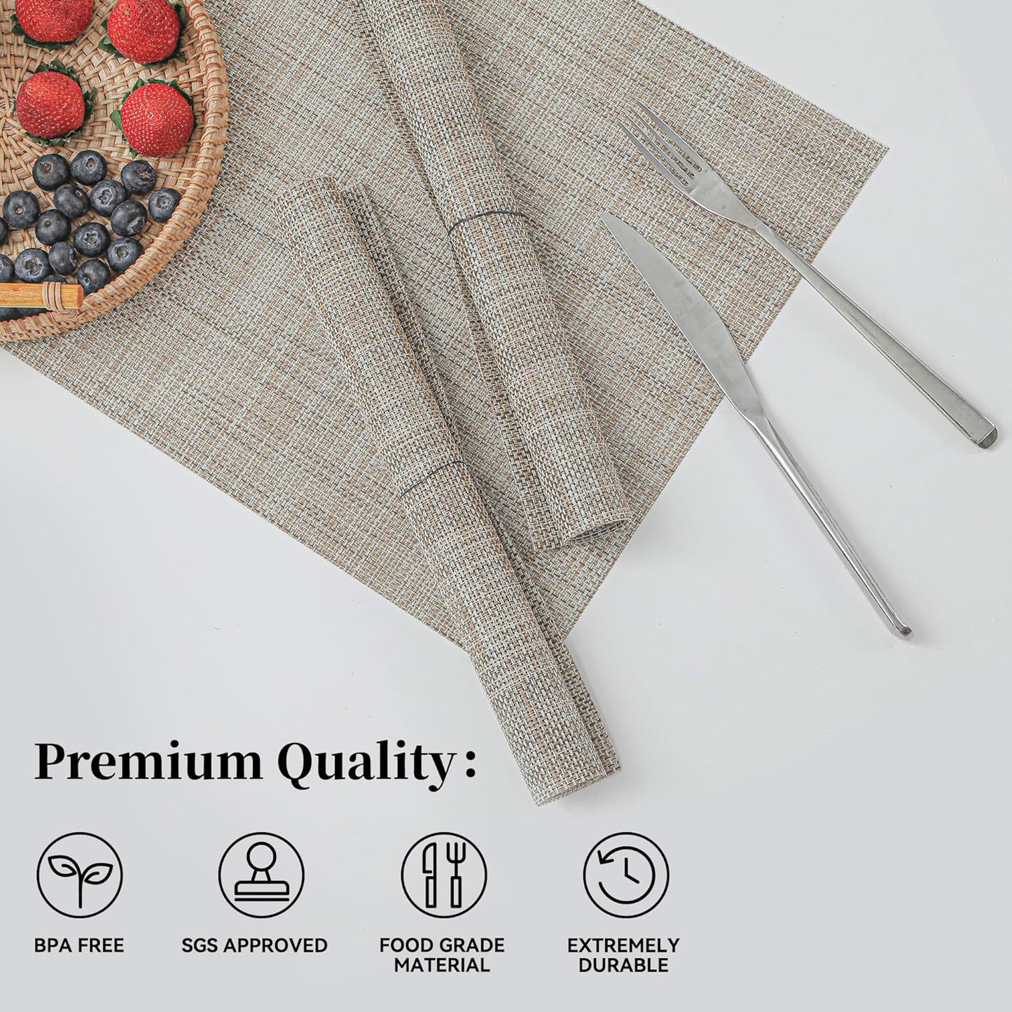 Leetaltree Linen Yellow Placemats Set of 4 - Heat Resistant Non-Slip Place mats for Dining Table, Washable Durable PVC Vinyl Woven Table Mats(Linen Yellow, 4)