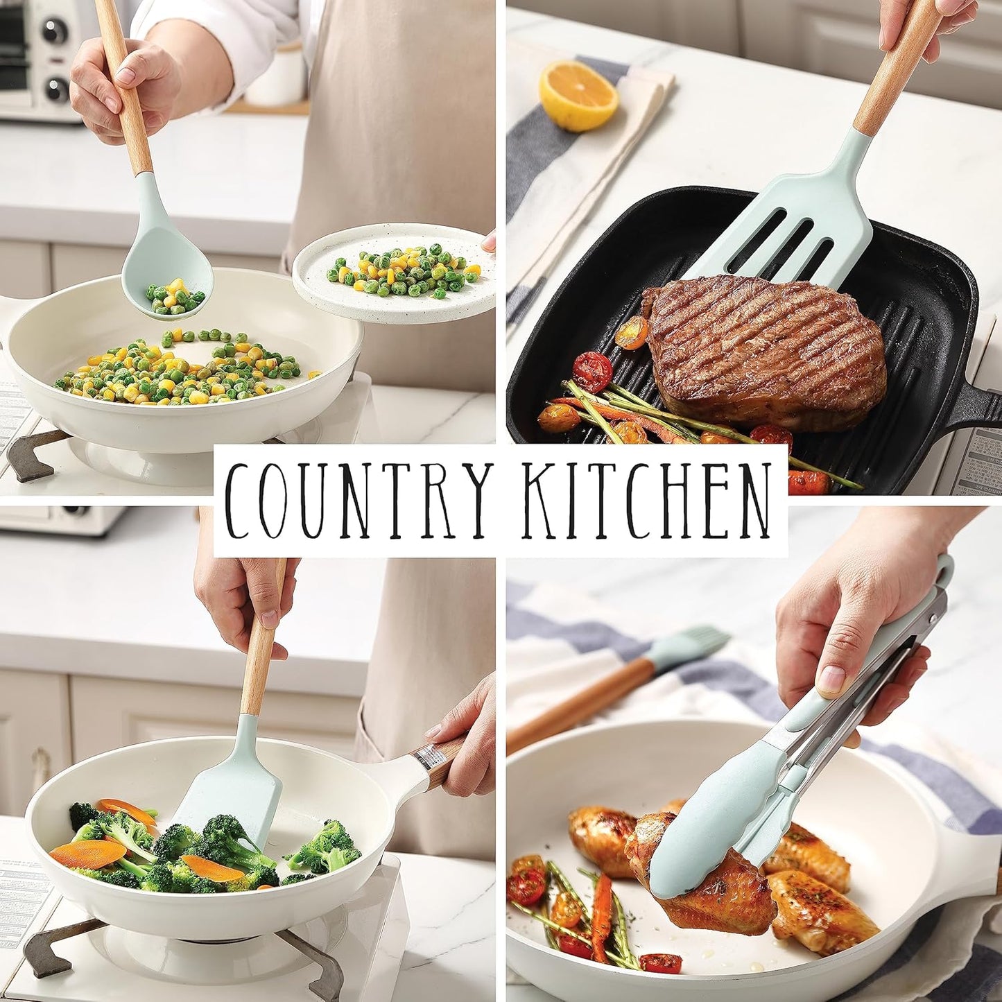 Country Kitchen Non Stick Silicone Utensil Set with Rounded Wood Handles for Cooking and Baking, 38 Piece Set, Mint