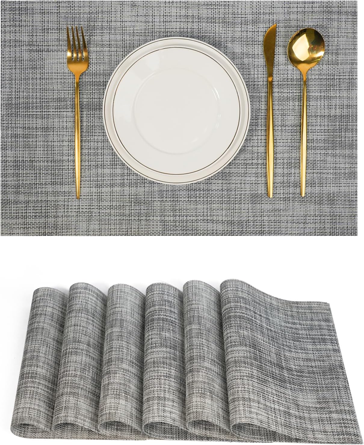 Placemats Set of 6,Non-Slip PVC Weave Table Mats Easy to Clean,Heat Resistant Place Mats for Kitchen Dining Table Decoration Indoor Outdoor,Gray