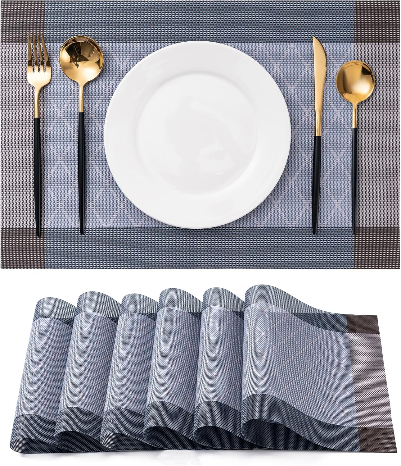 CADONO Placemats Set of 6 Washable Indoor/Outdoor Vinyl Place Mats for Dining Table Durable Non-Slip Heat Resistant PVC Weave Table Mats(Rhombus-Blue)