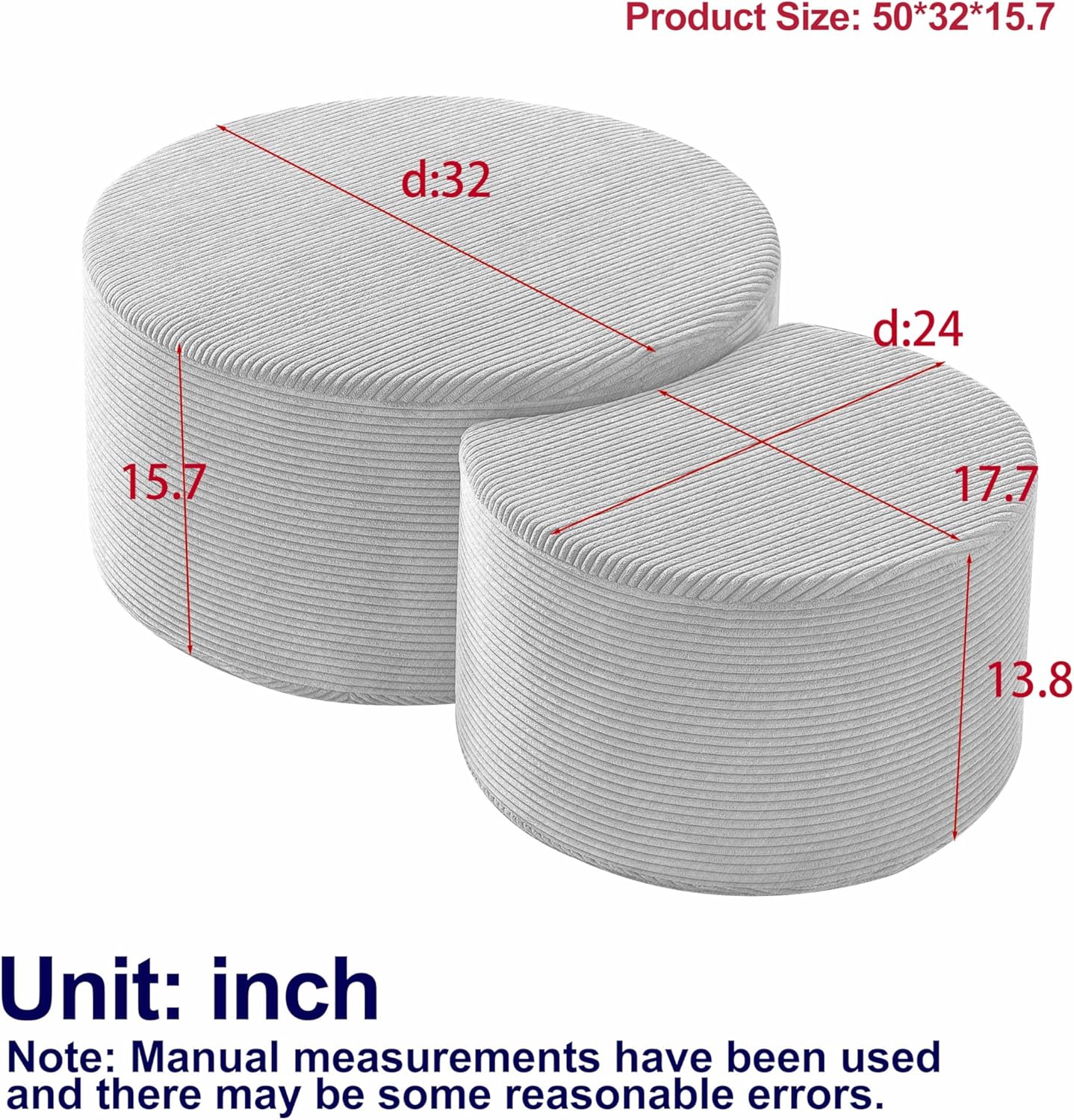 WILLIAMSPACE 50" Foam Nesting Coffee Table Set of 2, Modern Upholstered Round Center Tables for Living Room, Accent Side Tea Table Ottoman, No Assembly - Grey